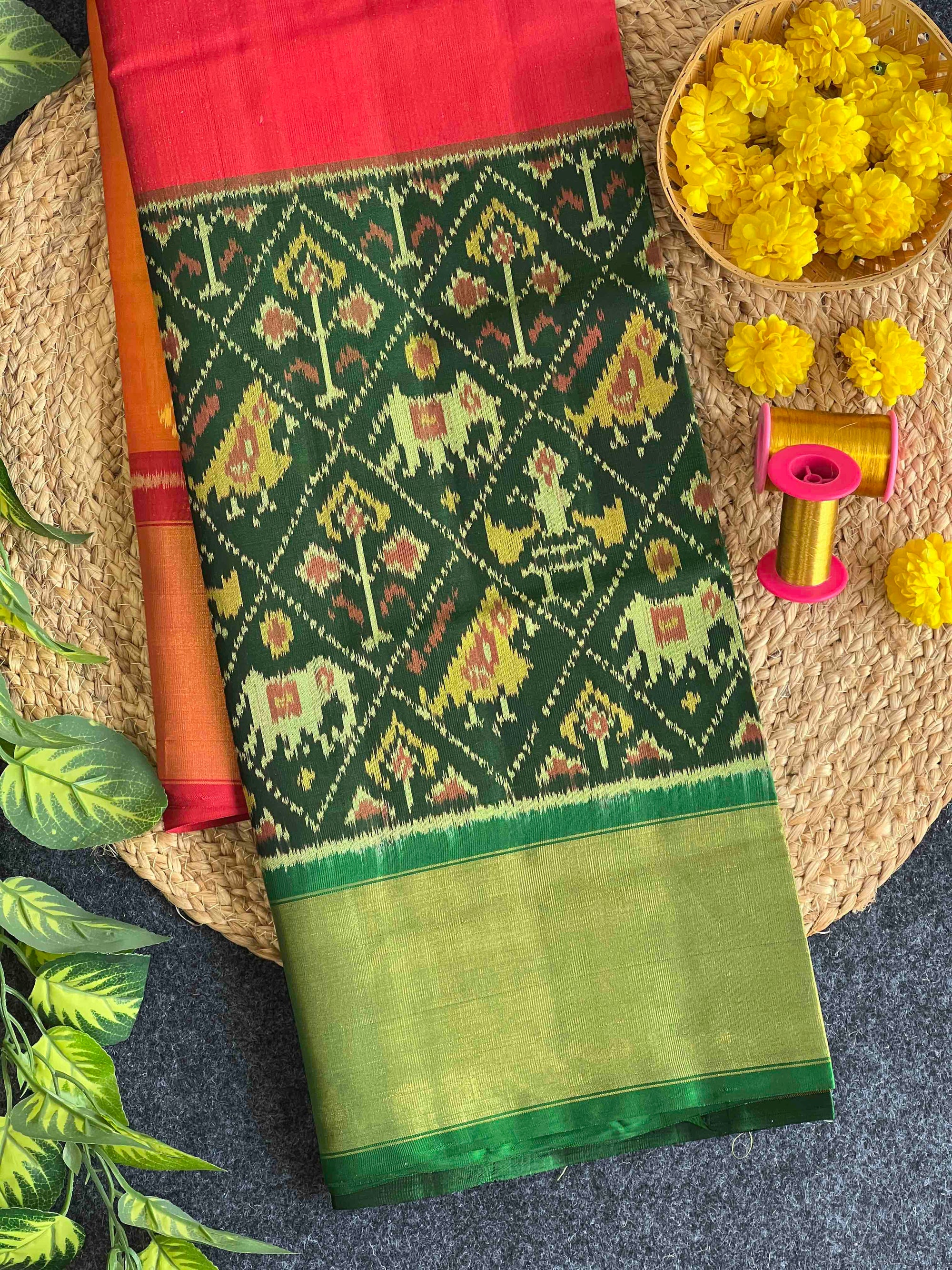 Green Narikunj Skirt With Yellow Red Body Hand Woven Rajkot Patola Silk Saree
