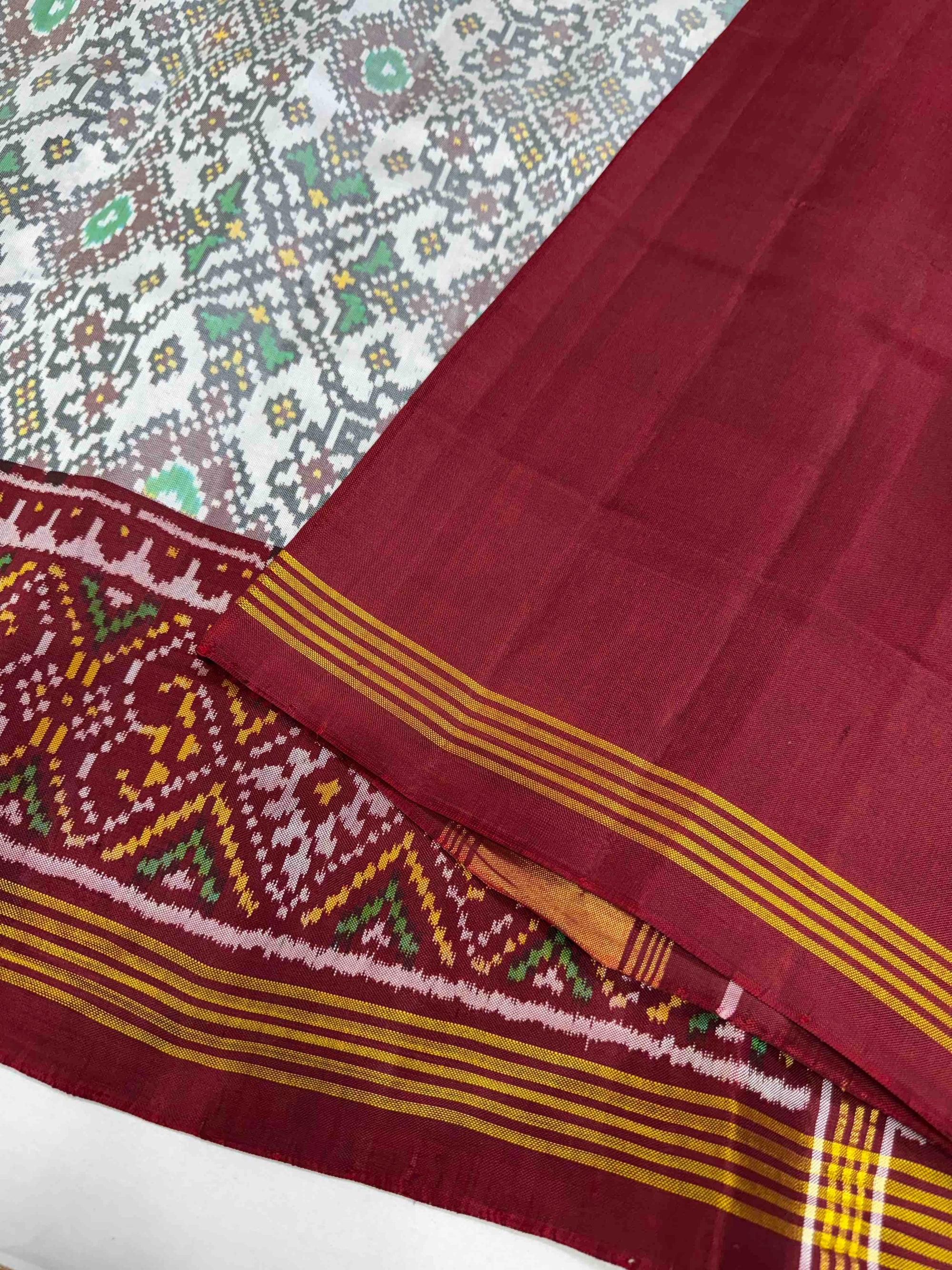 White With Red Navratan Hand Woven Rajkot Ikat Patola Silk Saree