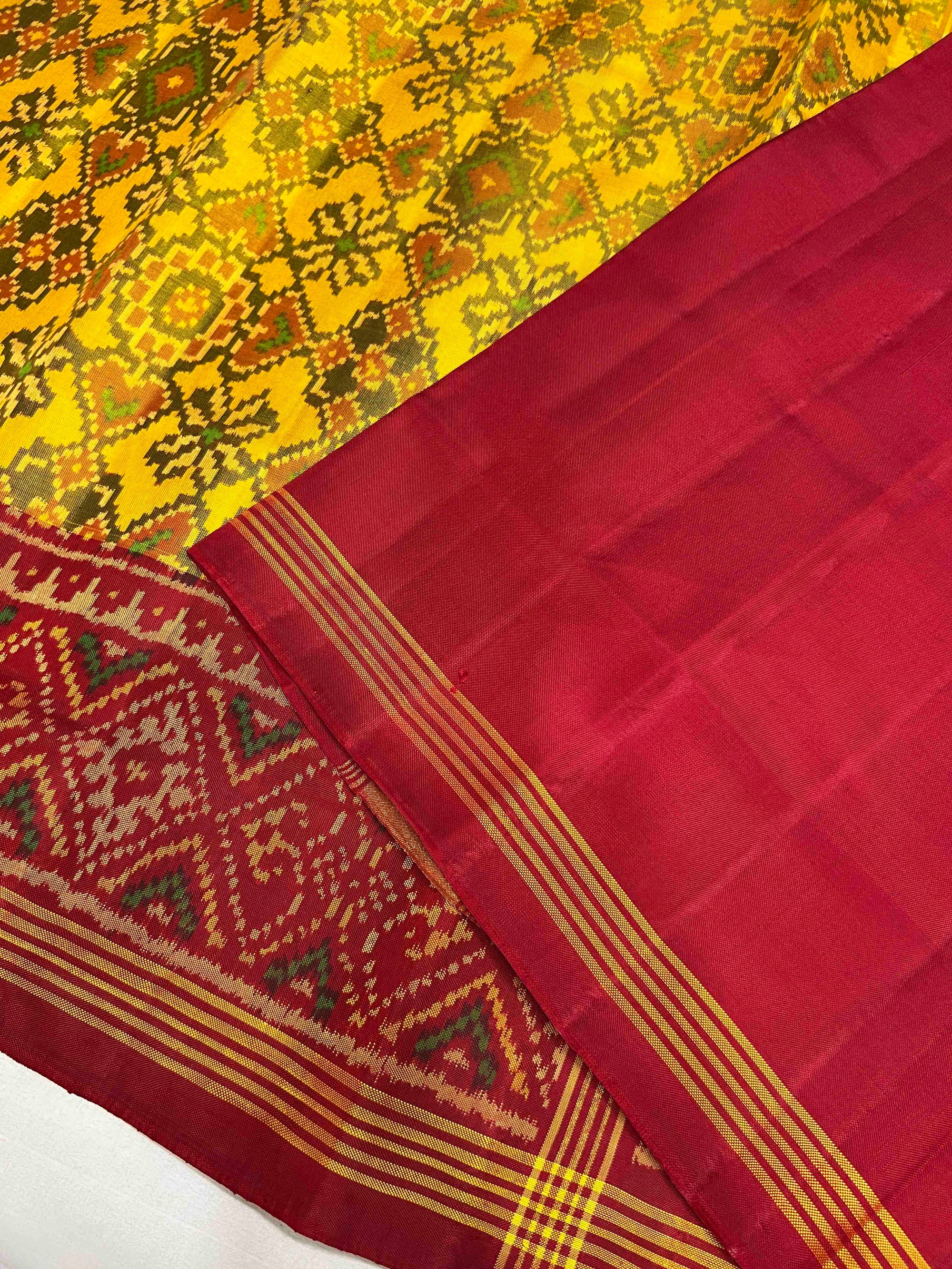 Yellow & Red Manekchok Hand Woven Rajkot Ikat Patola Silk Saree