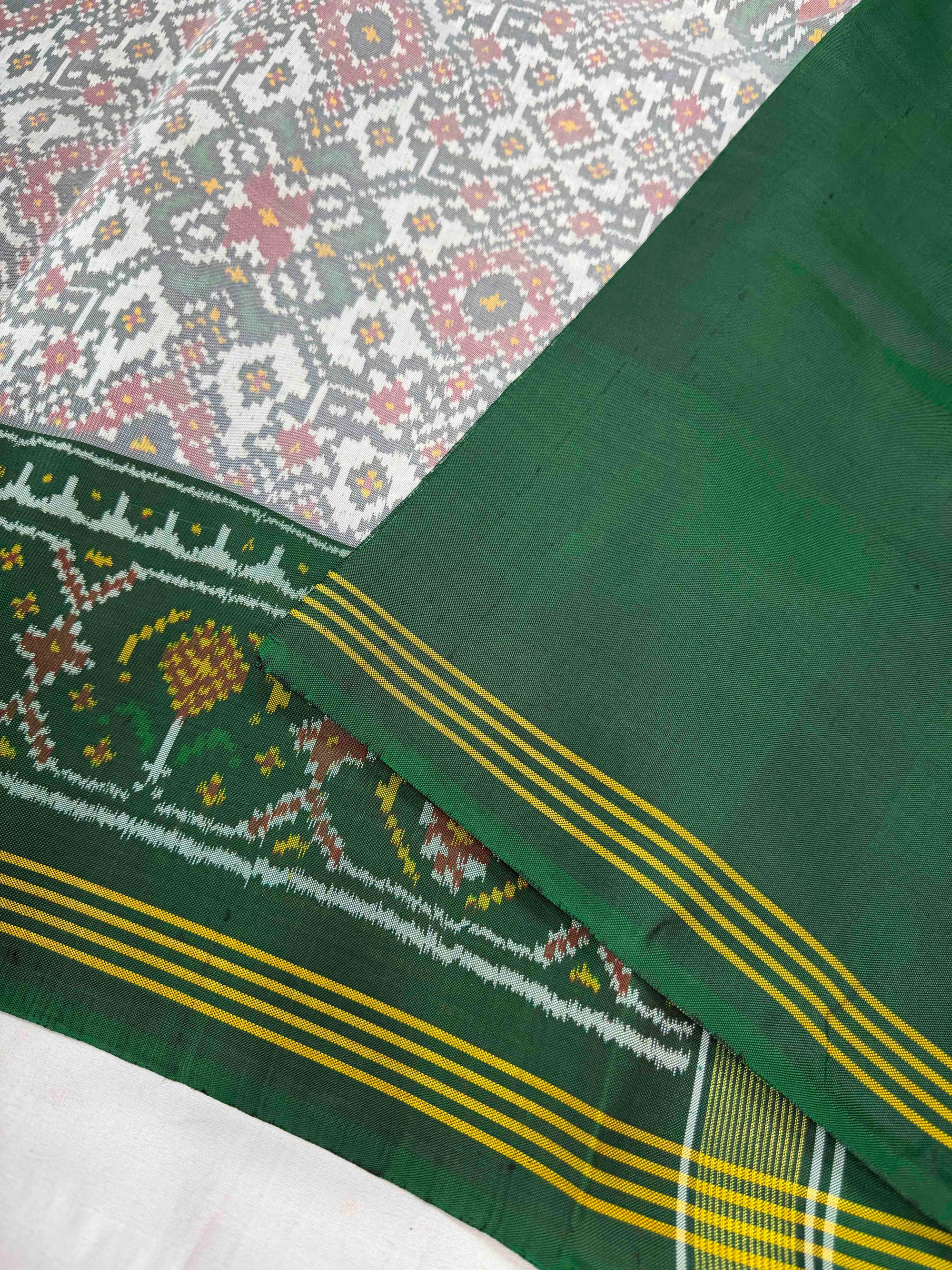 White & Green Hand Woven Rajkot Ikat Patola Silk Saree