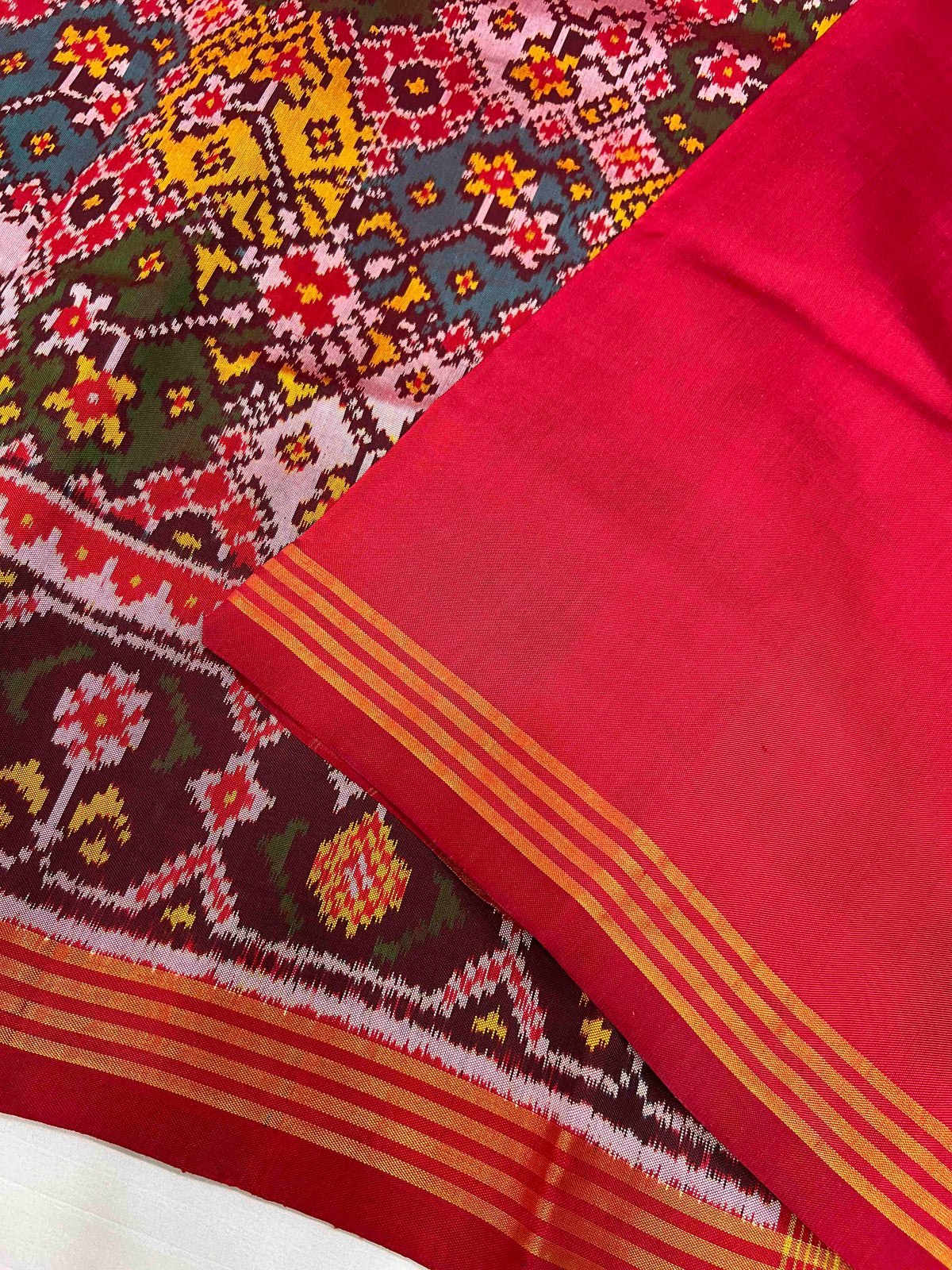 Multi Color Navratan Design Hand Woven Rajkot Ikat Patola Silk Saree