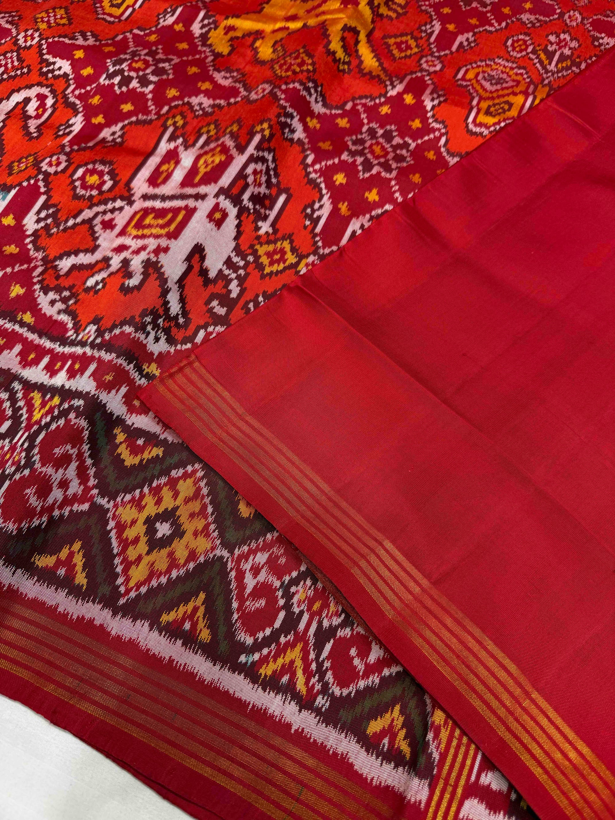 Orange With Red Chabdi Bhat Hand Woven Rajkot Ikat Patola Silk Saree