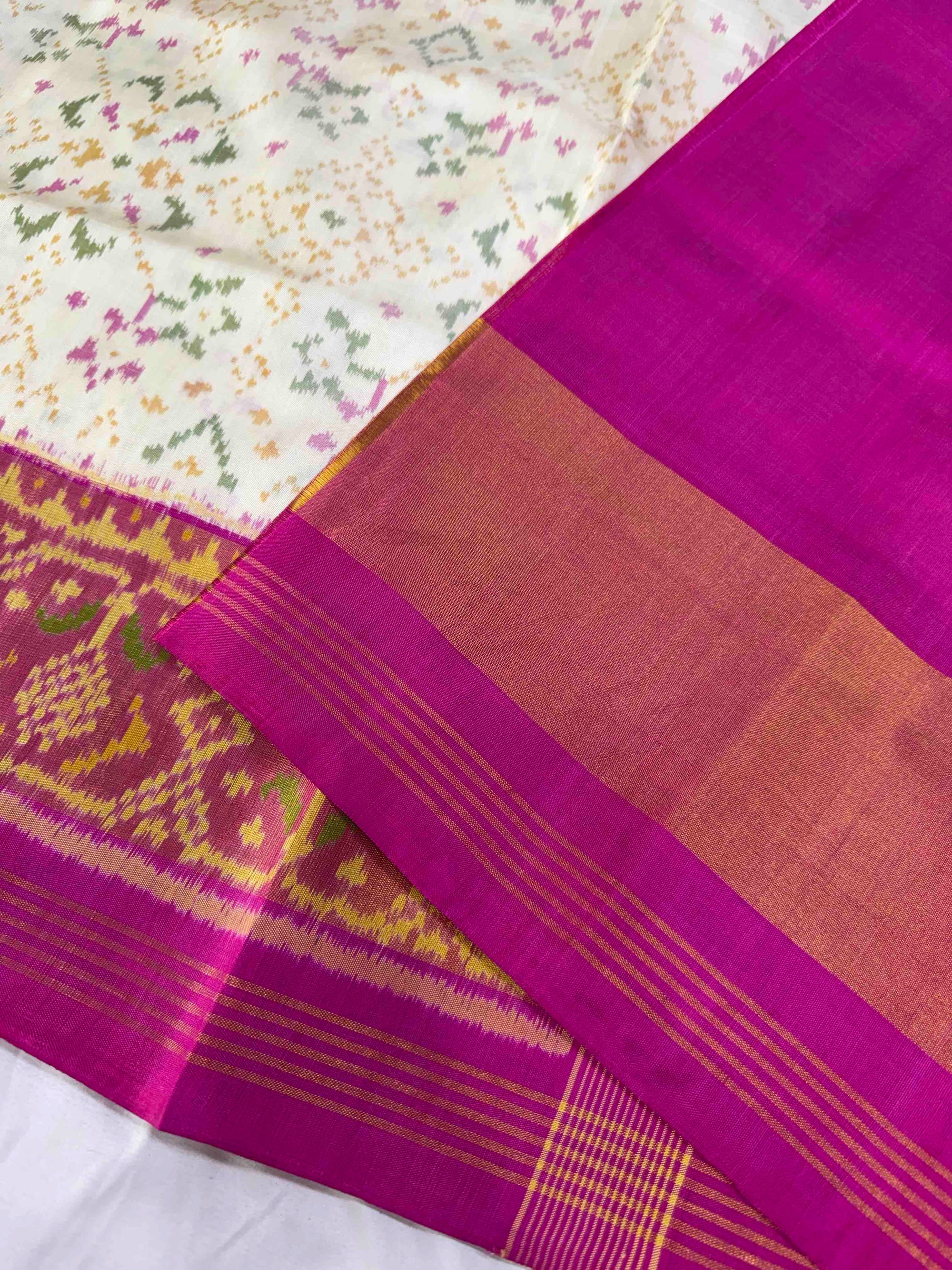 Pink & White Navratan Hand Woven Rajkot Patola Silk Saree