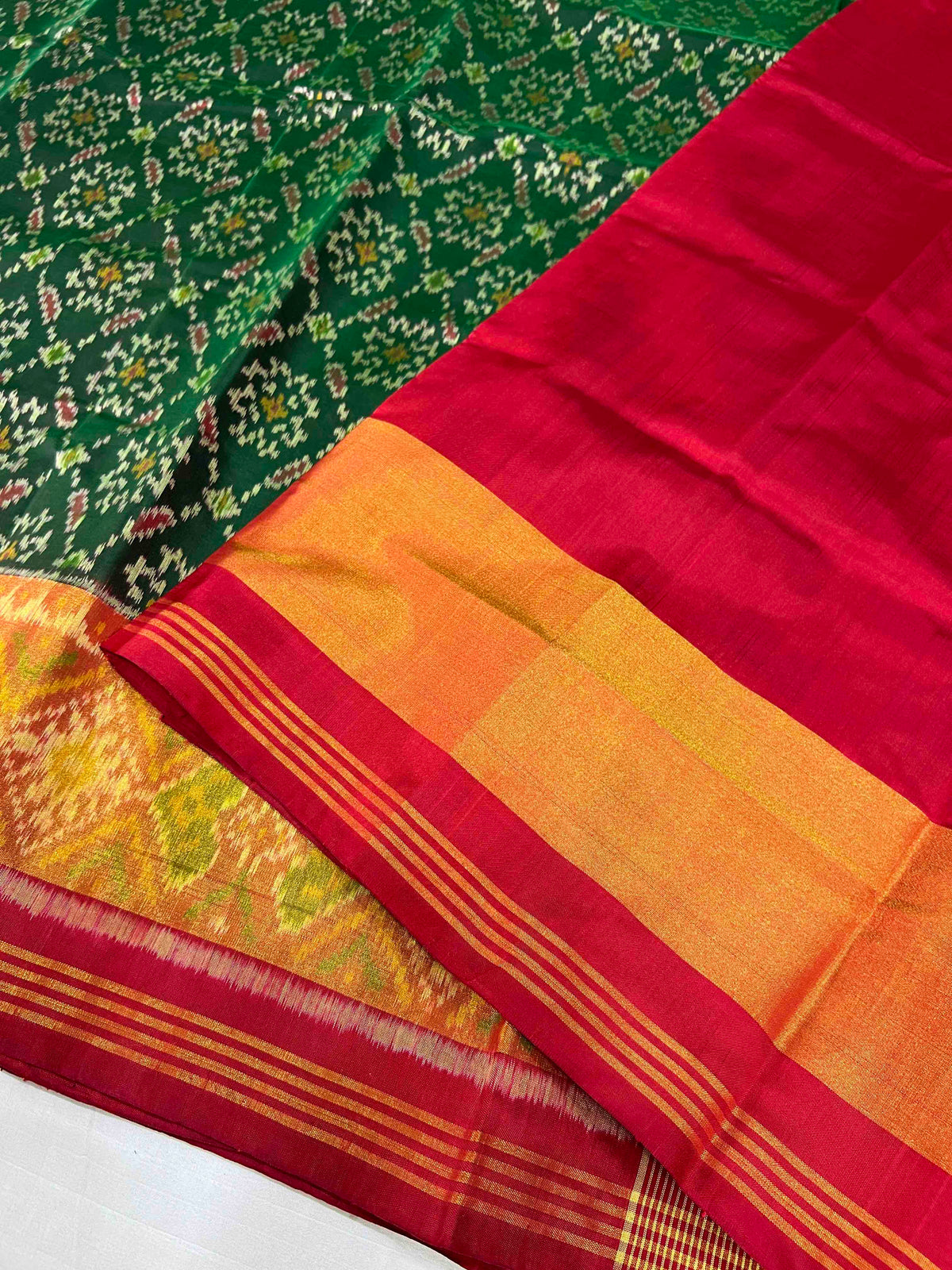 Green And Red Fancy Design Hand Woven Rajkot Patola Silk Saree