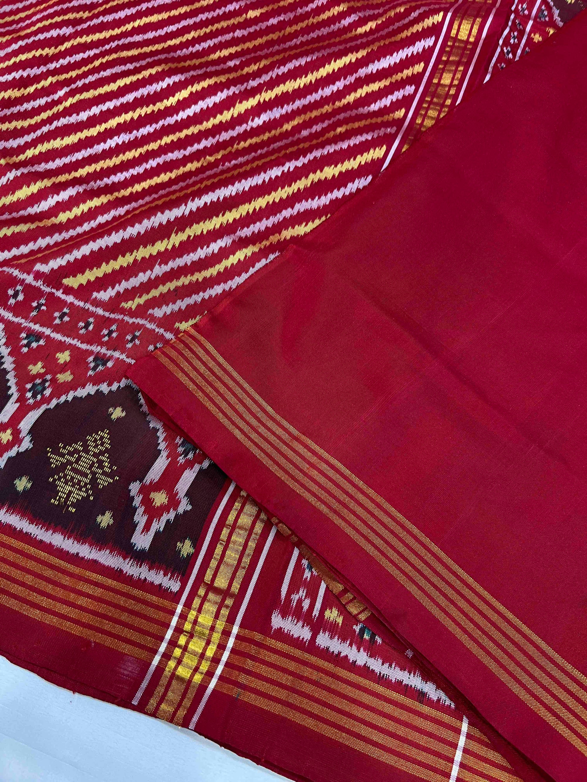 Red Laheriya With 5 Figure Zari Work Hand Woven Rajkot Ikat Patola Silk Saree