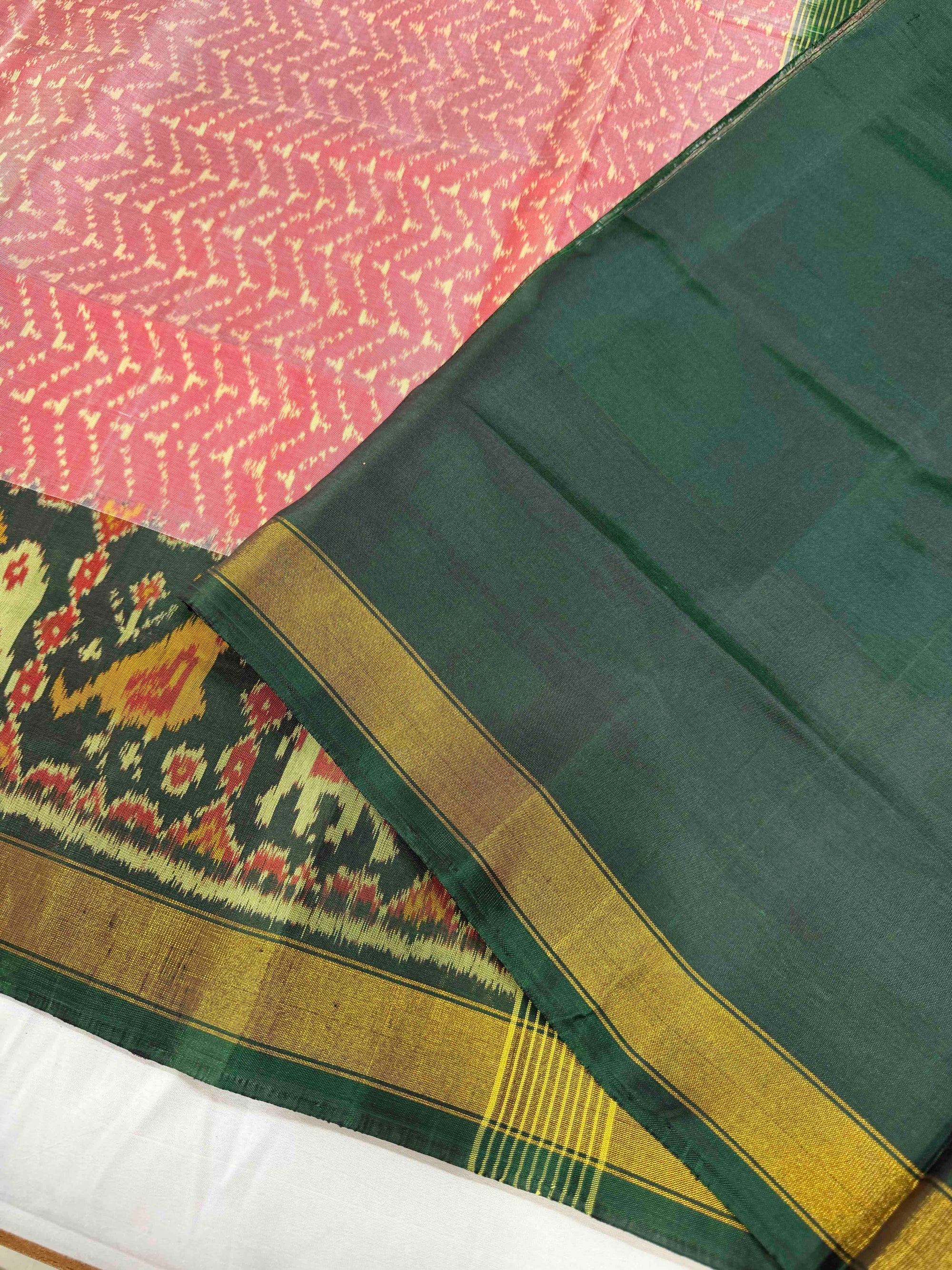 Light Pink & Green Hand Woven Rajkot Patola Silk Saree