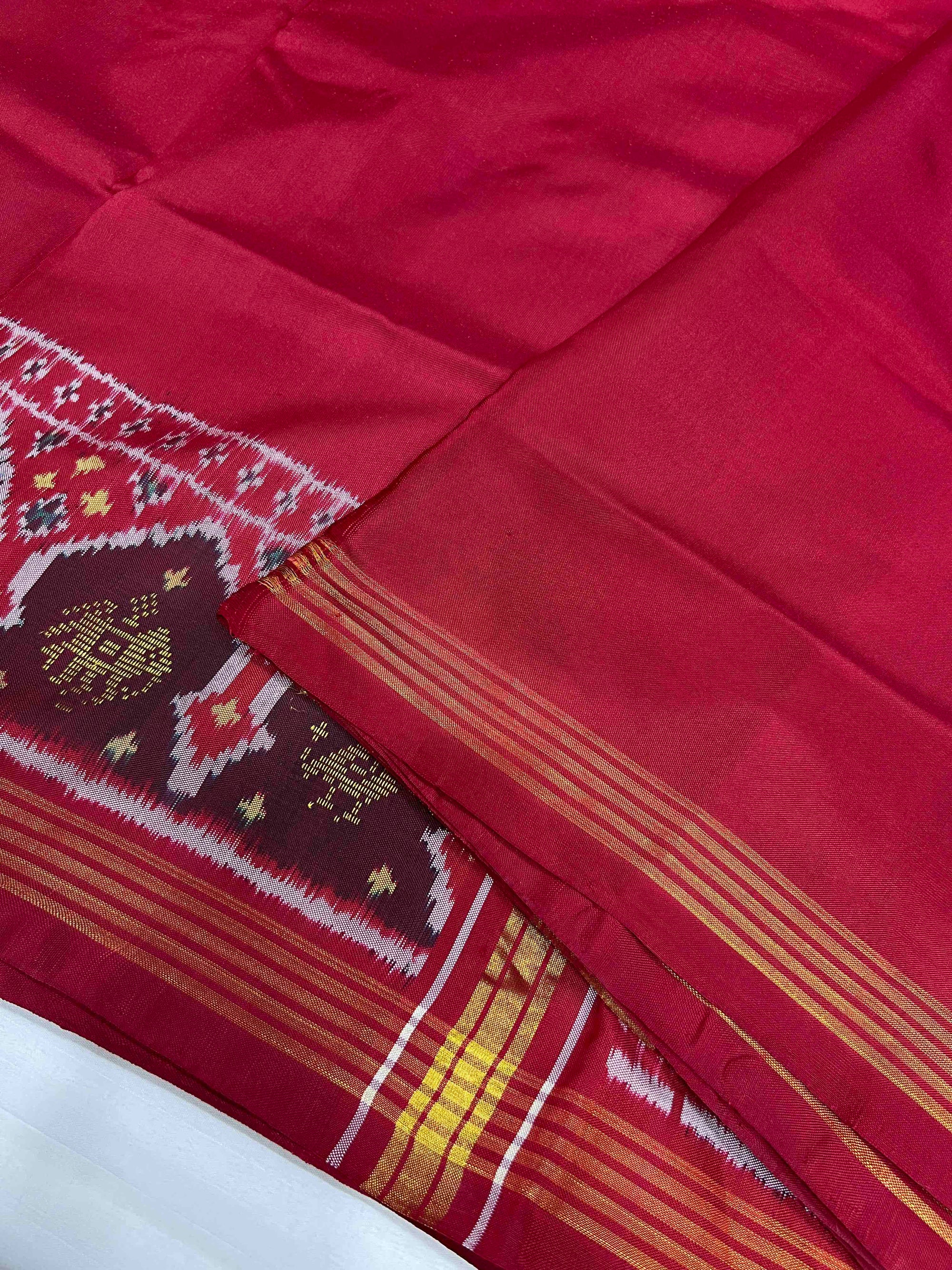Red Plain With 5 Figure Zari Work Hand Woven Rajkot Ikat Patola Silk Saree