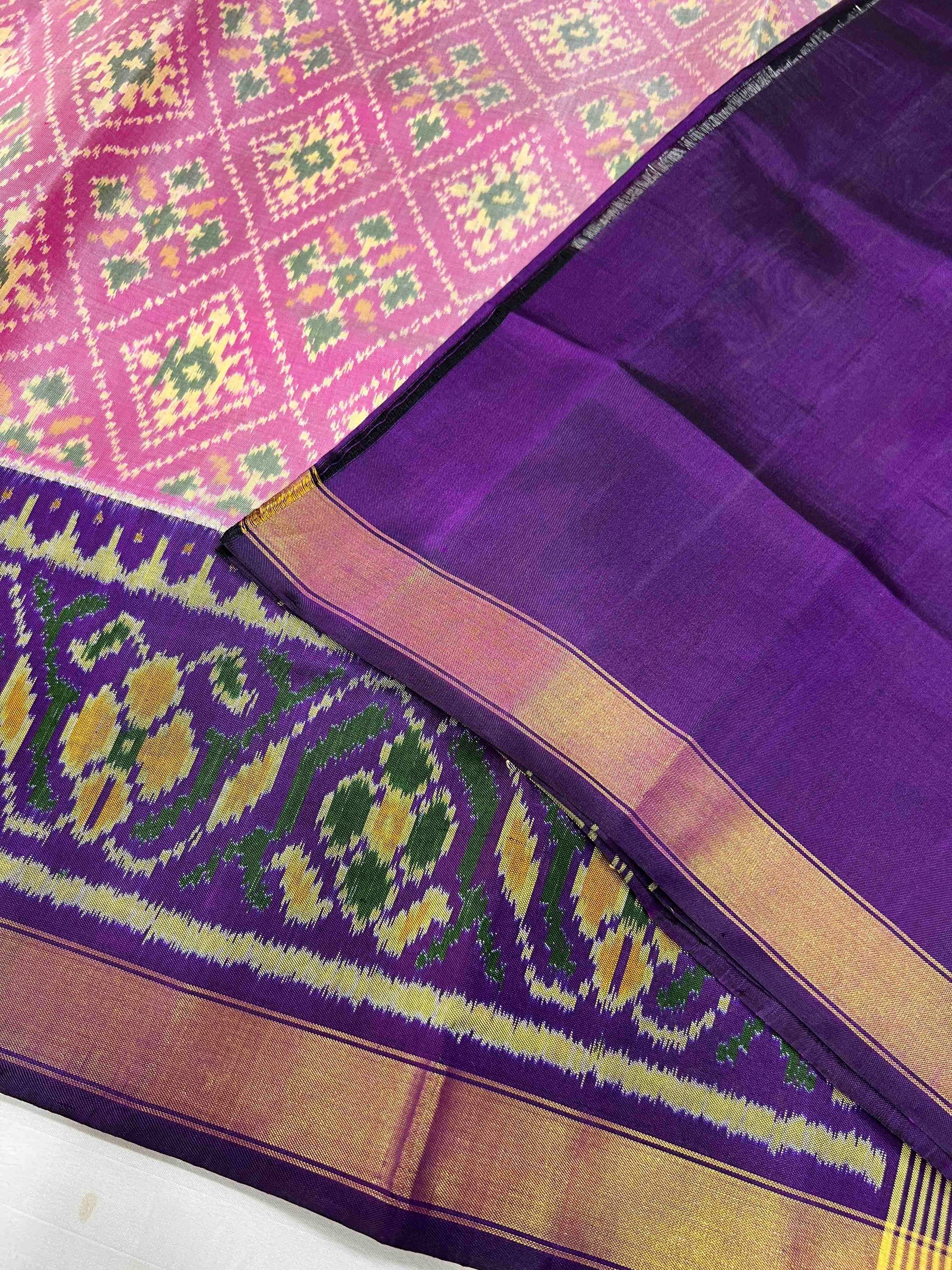 Light Pink With Dark Purple Paanchanda Hand Woven Rajkot Patola Silk Saree