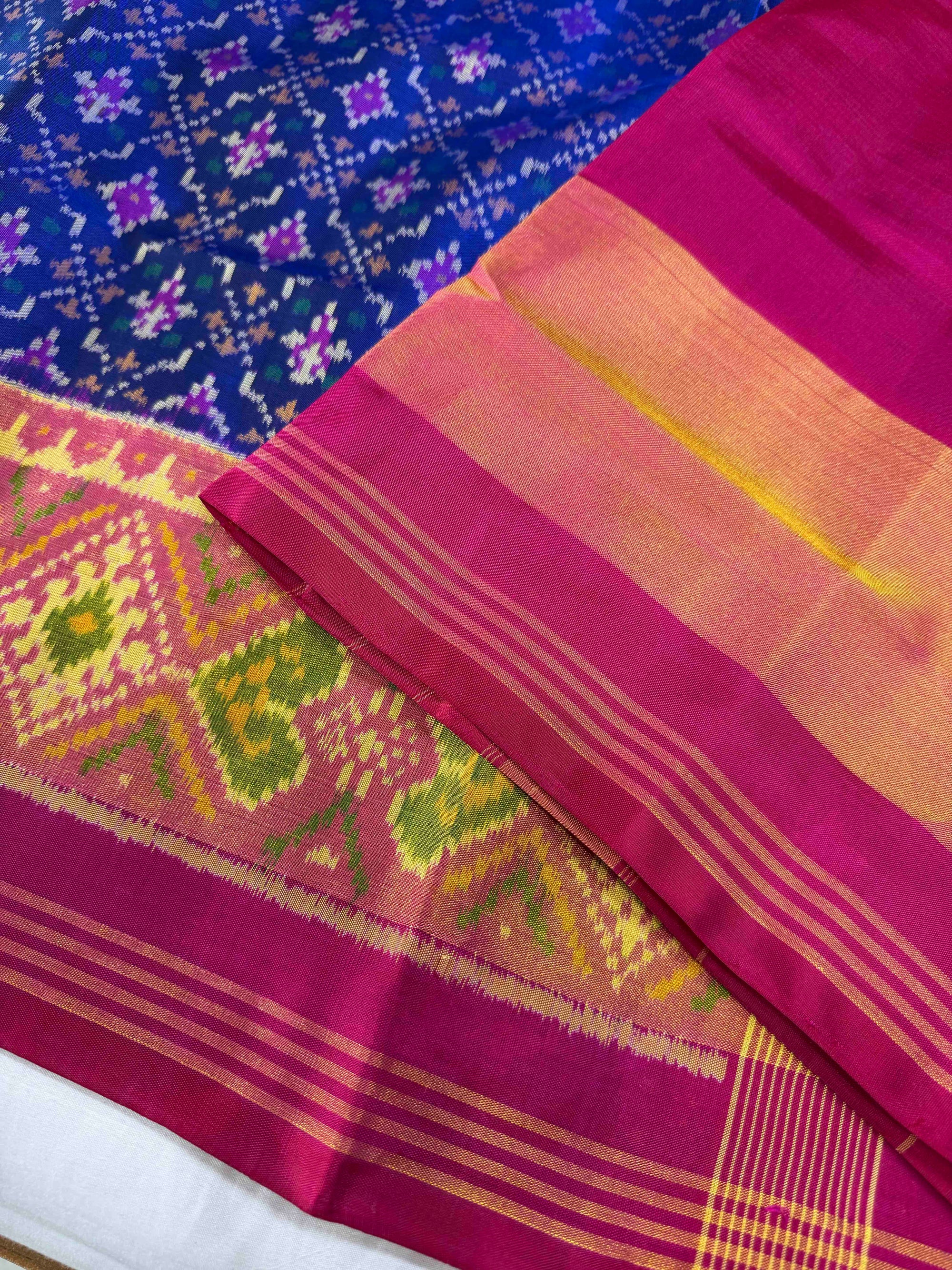 Blue & Pink ButtonFull Hand Woven Rajkot Patola Silk Saree