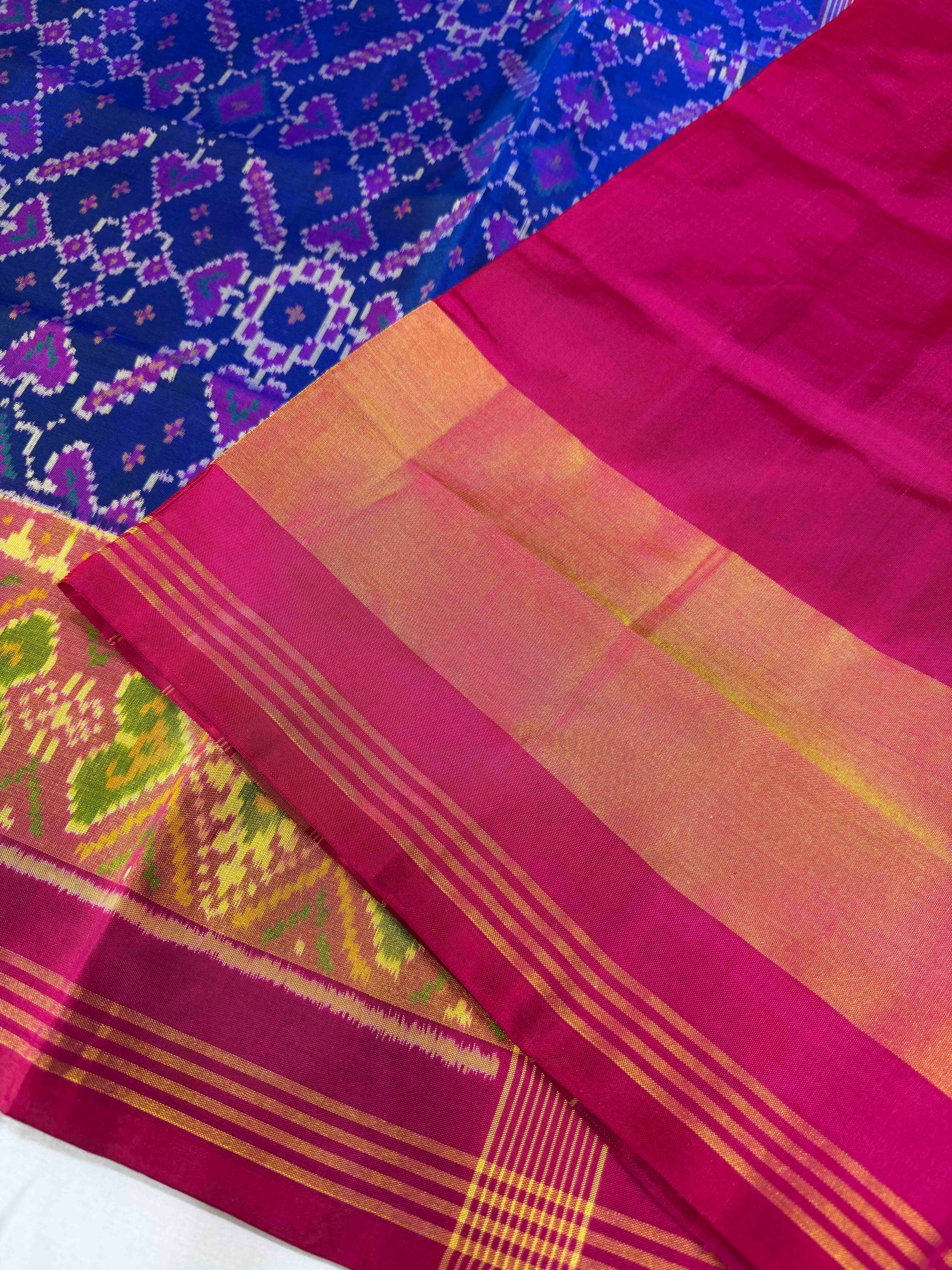 Blue & Pink Maneckchok Hand Woven Rajkot Patola Silk Saree