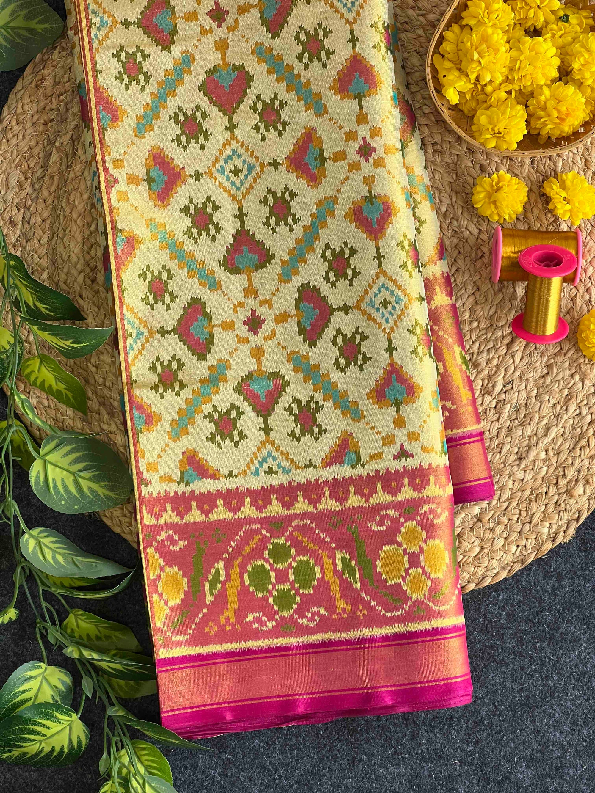 Off White With Pink Tissue Double Zari Patola Saree