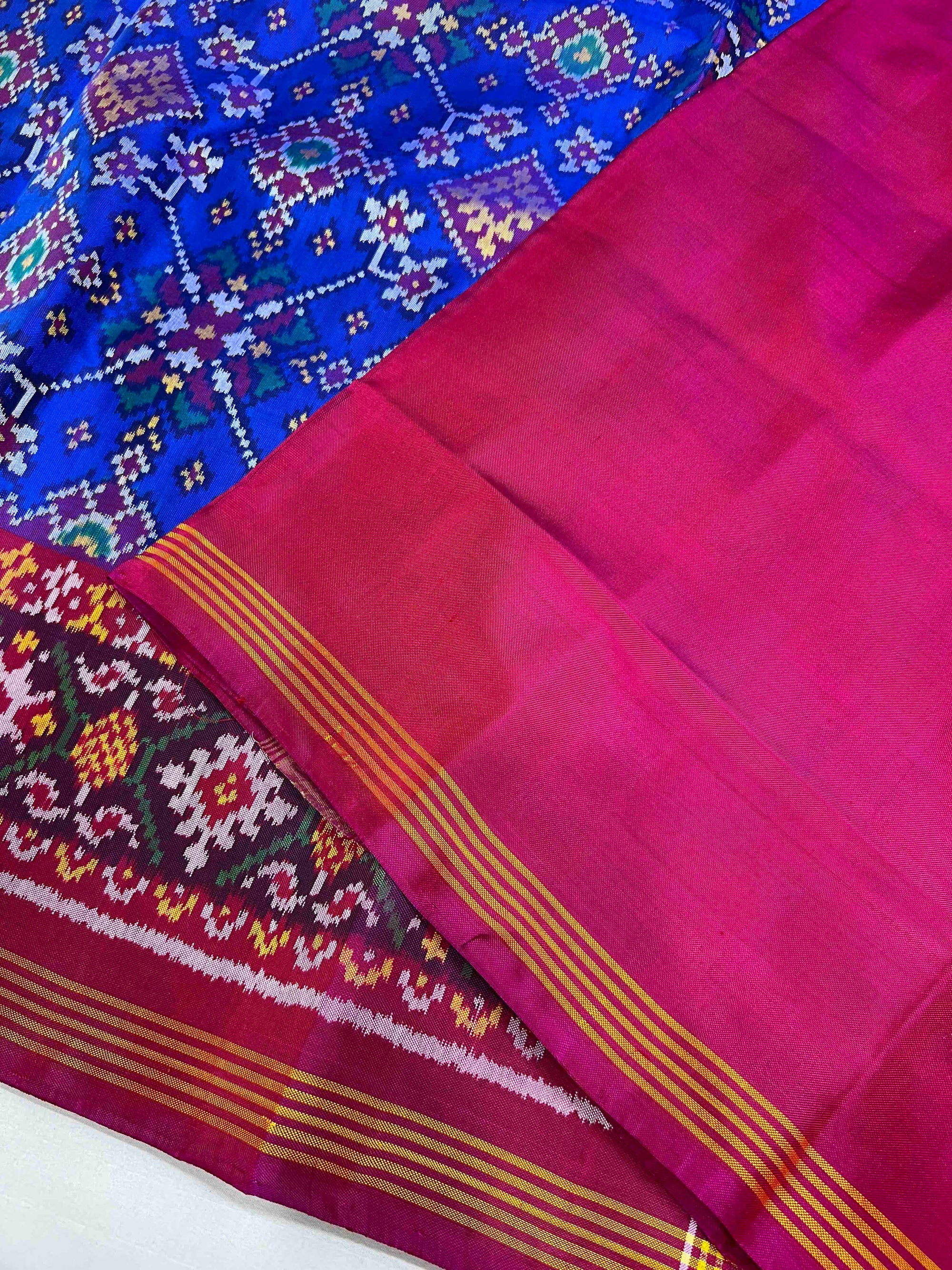 Blue & Pink Navratan Hand Woven Rajkot Ikat Patola Silk Saree