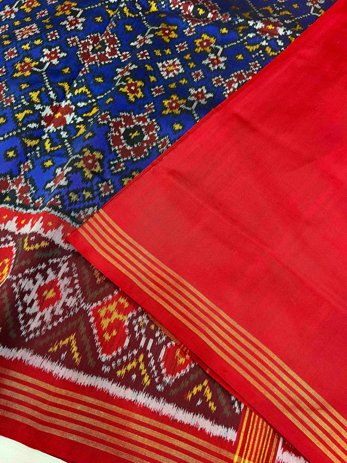 Blue & Red Navratan Design Hand Woven Rajkot Ikat Patola Silk Saree