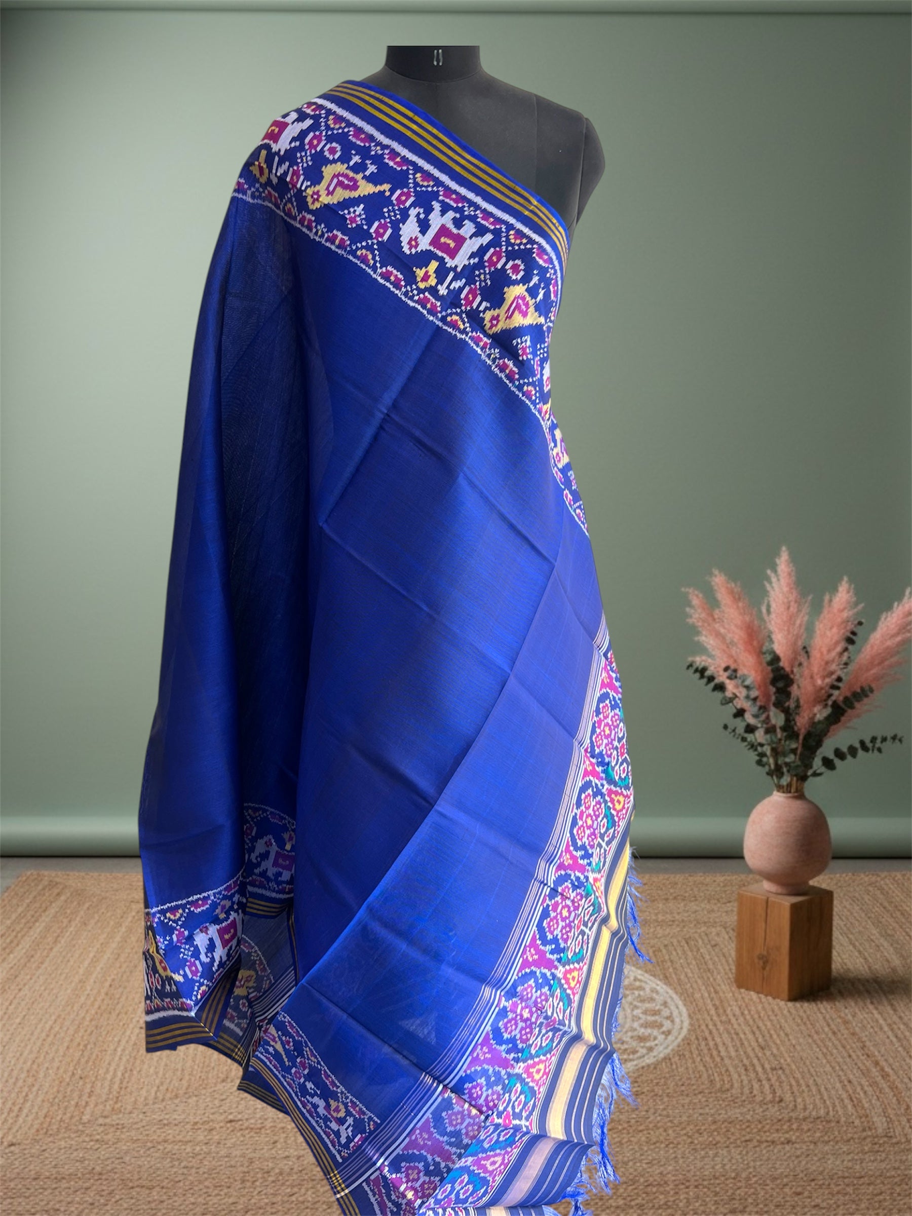 Plain Blue Hand Woven Rajkot ikat Patola Dupatta