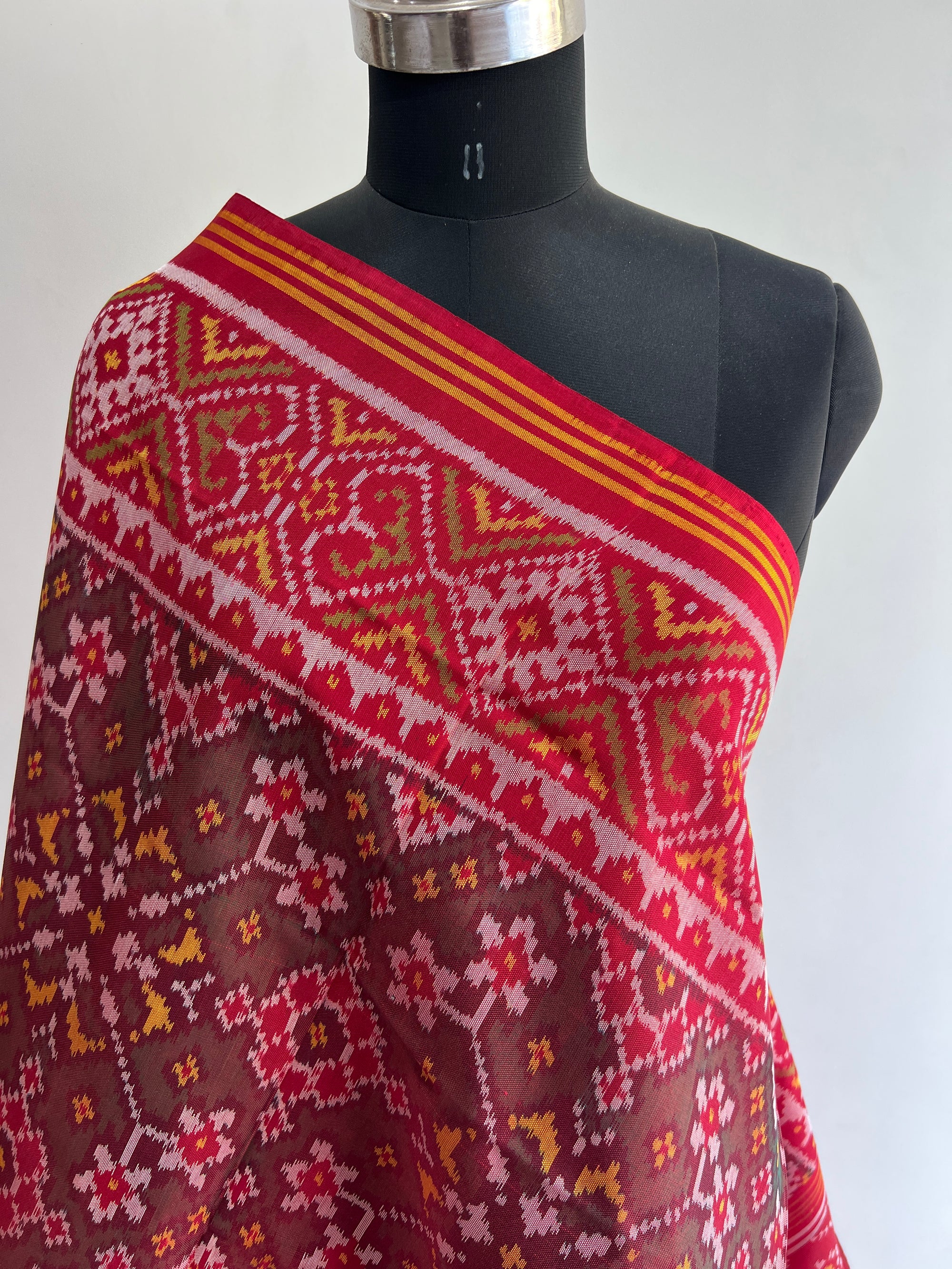 Mahendi Green & Red Hand Woven Rajkot ikat Patola Dupatta