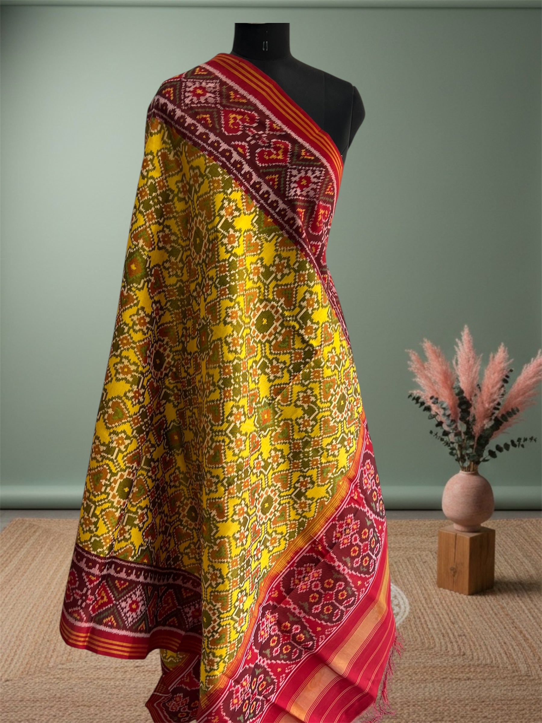 Yellow & Red Hand Woven Rajkot ikat Patola Dupatta