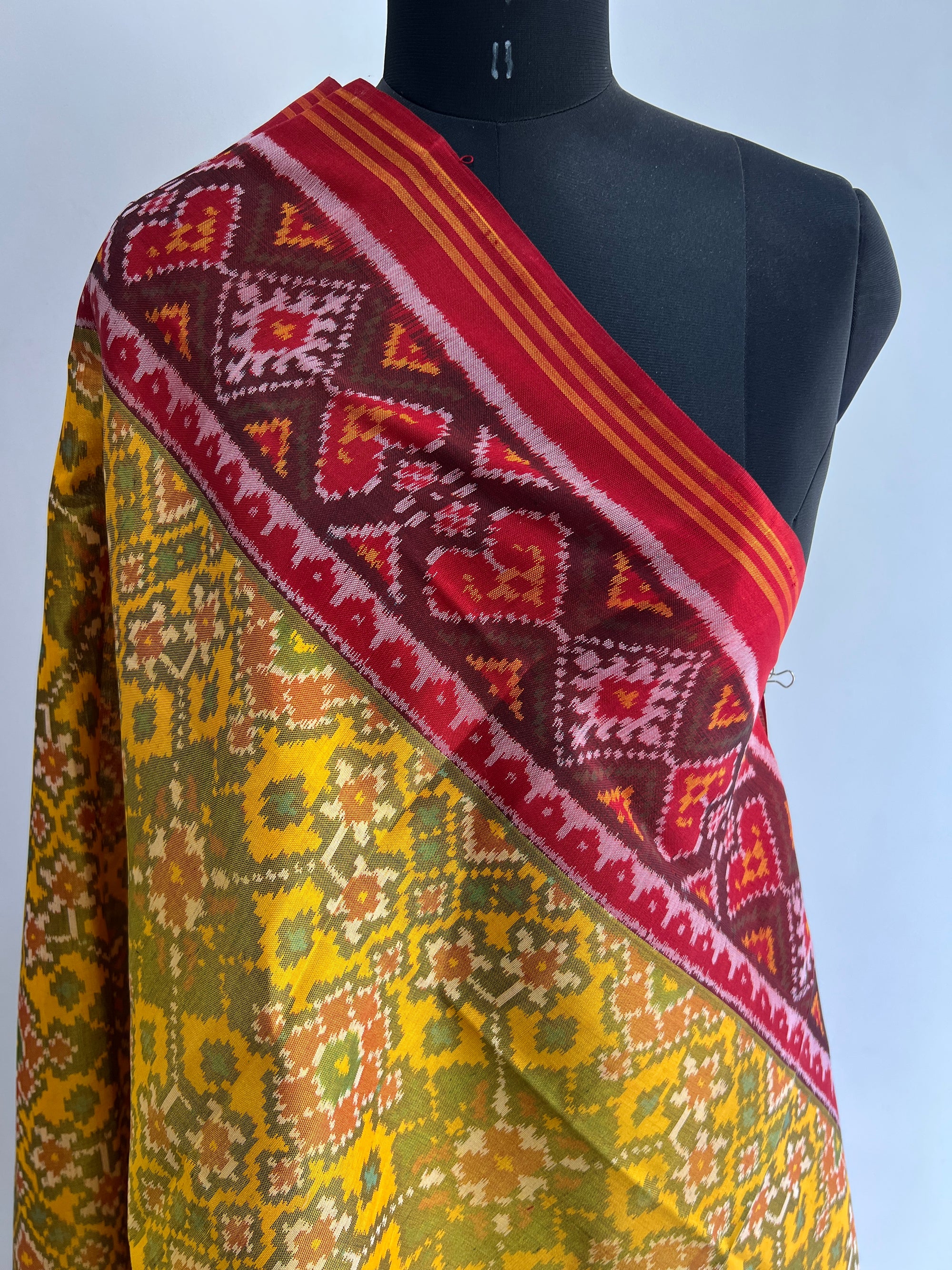 Yellow & Red Hand Woven Rajkot ikat Patola Dupatta