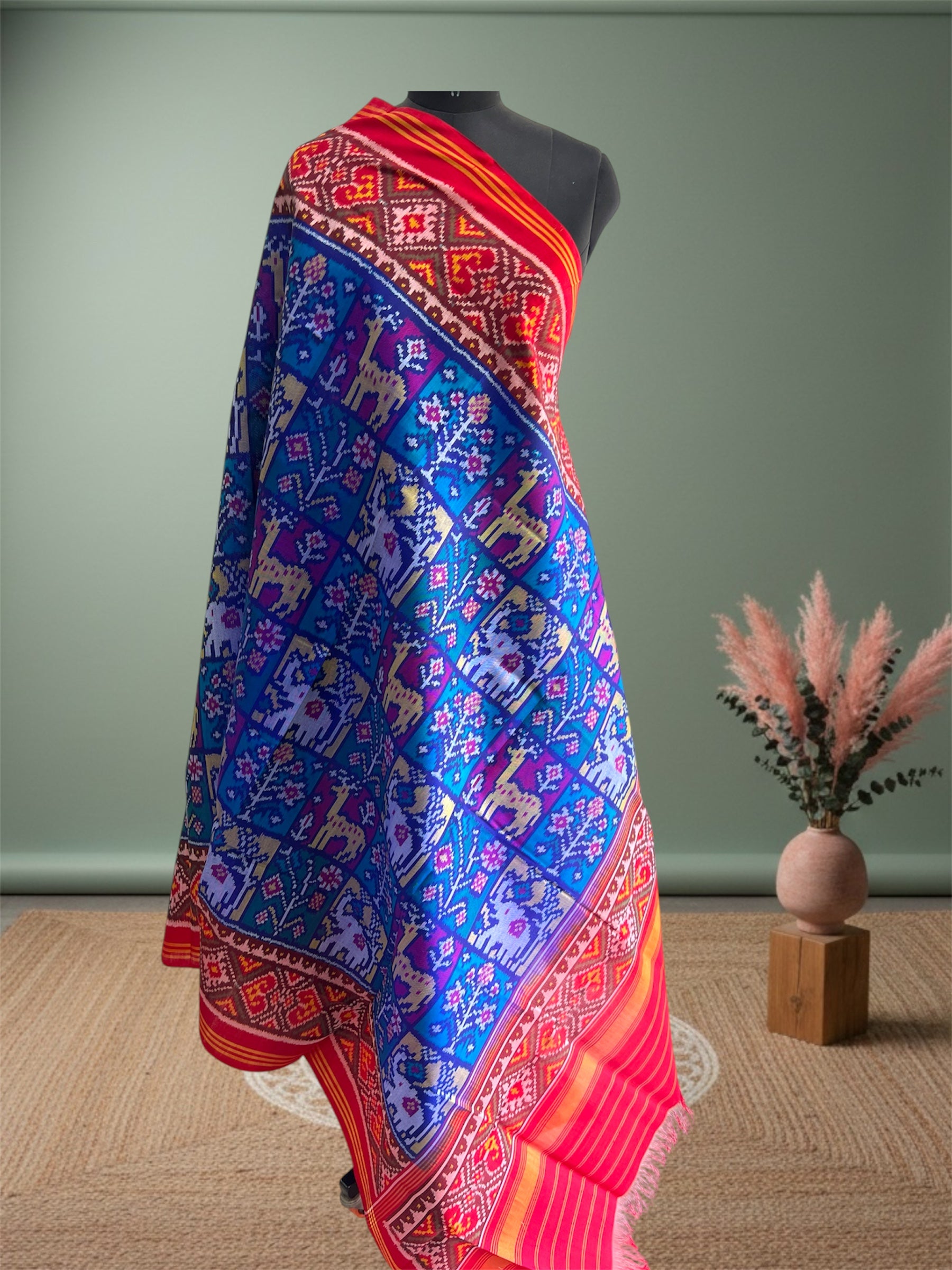 Blue With Red Hand Woven Rajkot ikat Patola Dupatta