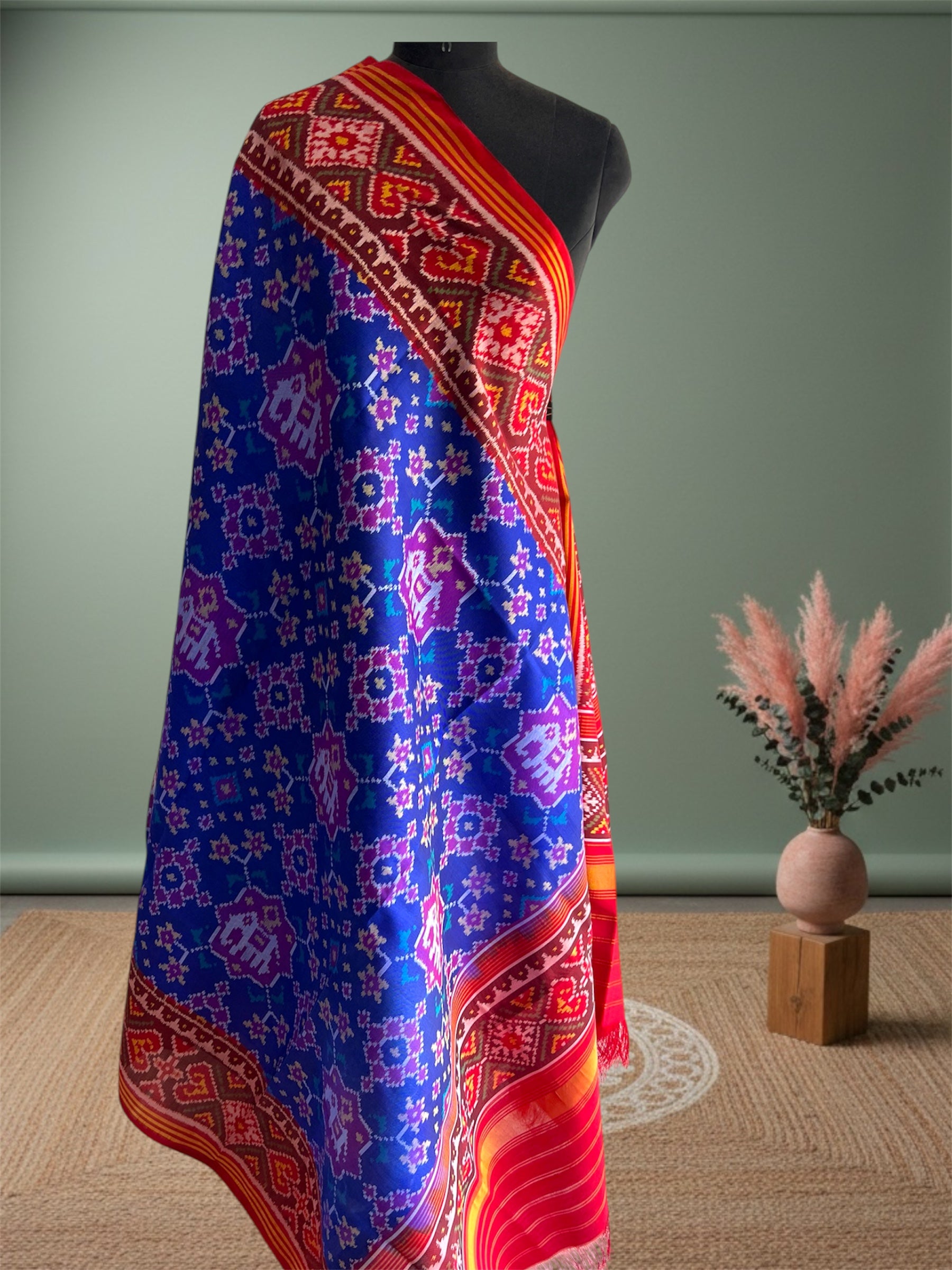 Blue & Red Hand Woven Rajkot ikat Patola Dupatta