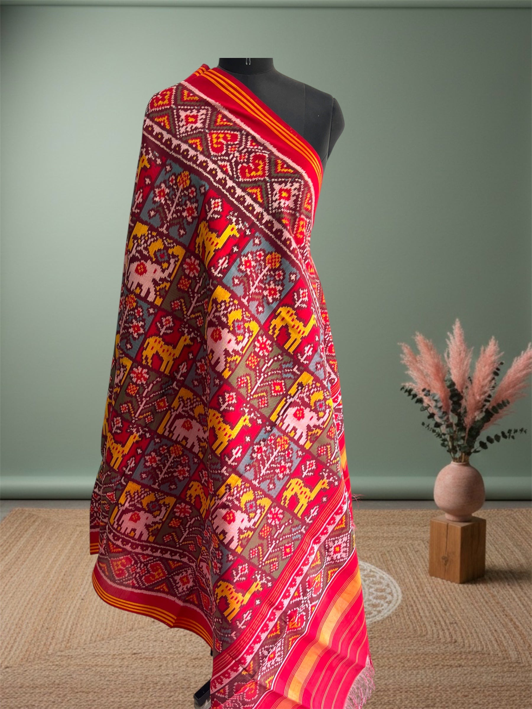 Multi With Red Hand Woven Rajkot ikat Patola Dupatta