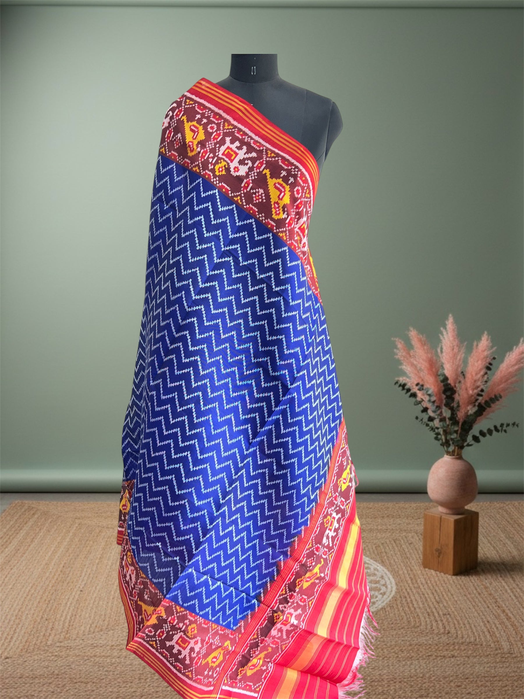 Blue Laheriya With Red Hand Woven Rajkot ikat Patola Dupatta
