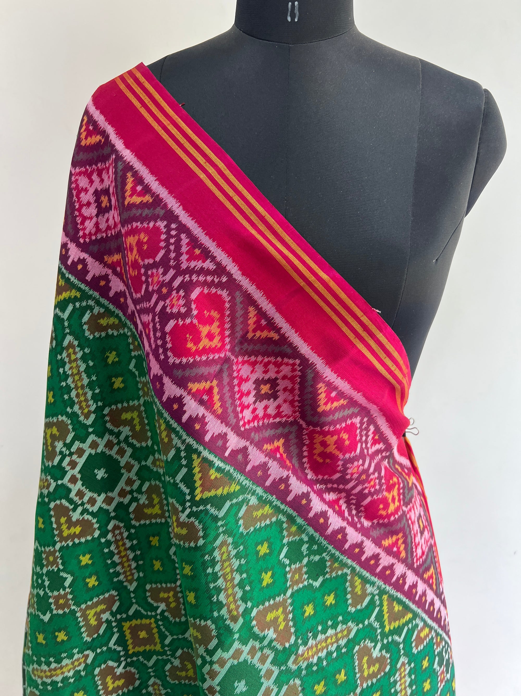 Green and Pink Hand Woven Rajkot ikat Patola Dupatta