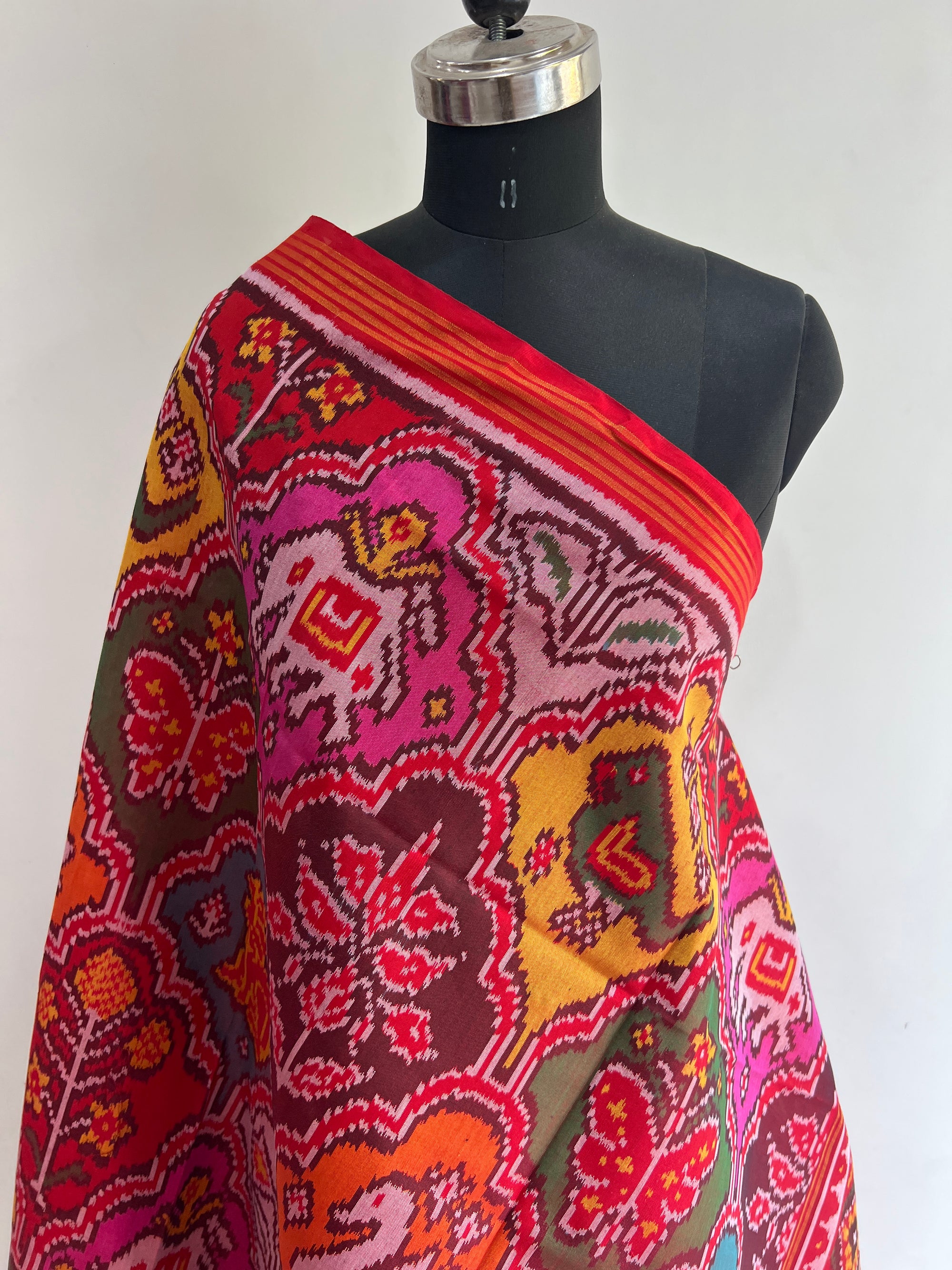 Multi With Red Hand Woven Rajkot ikat Patola Dupatta