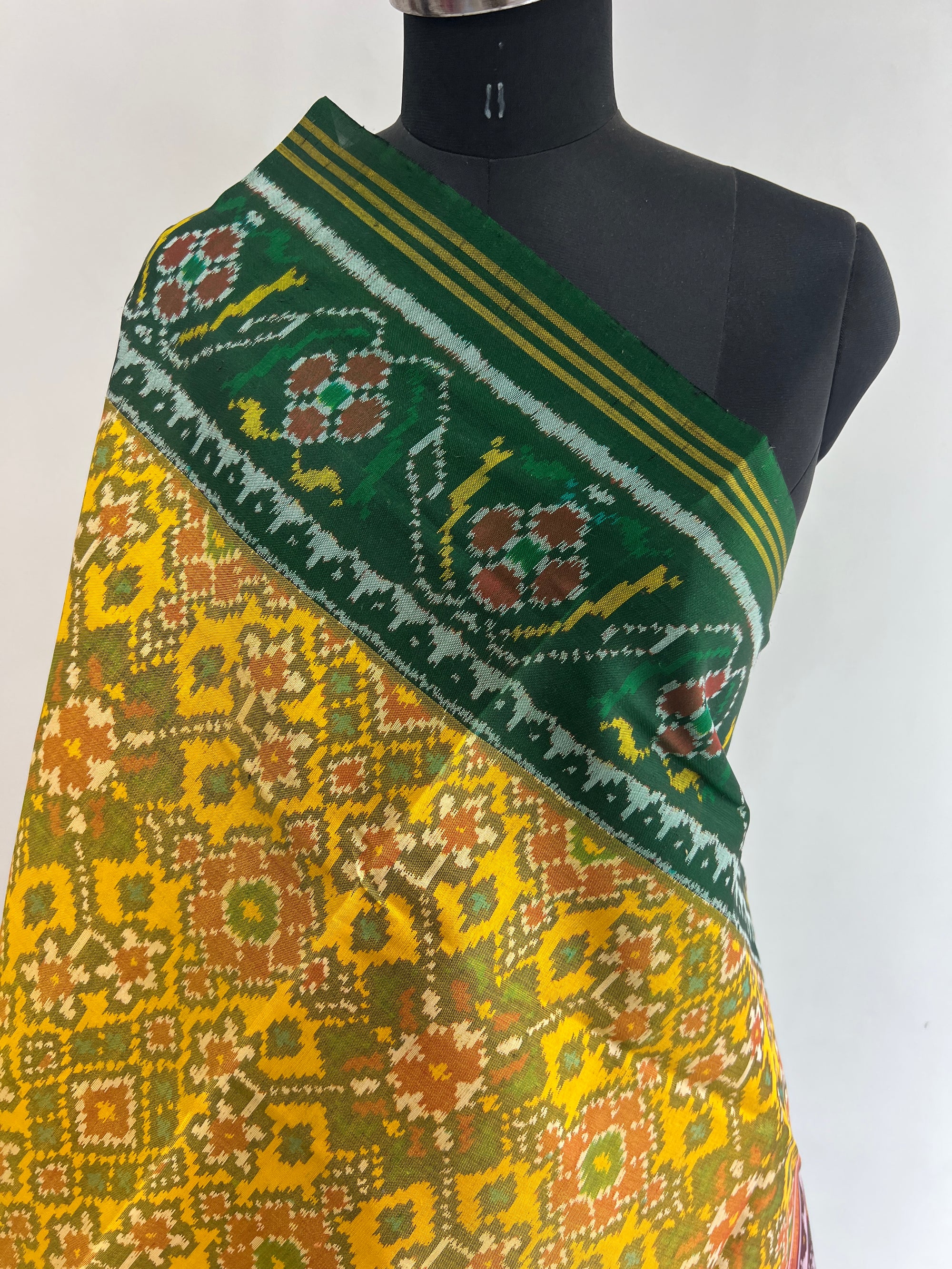 Yellow With Green & Red BorderHand Woven Rajkot ikat Patola Dupatta