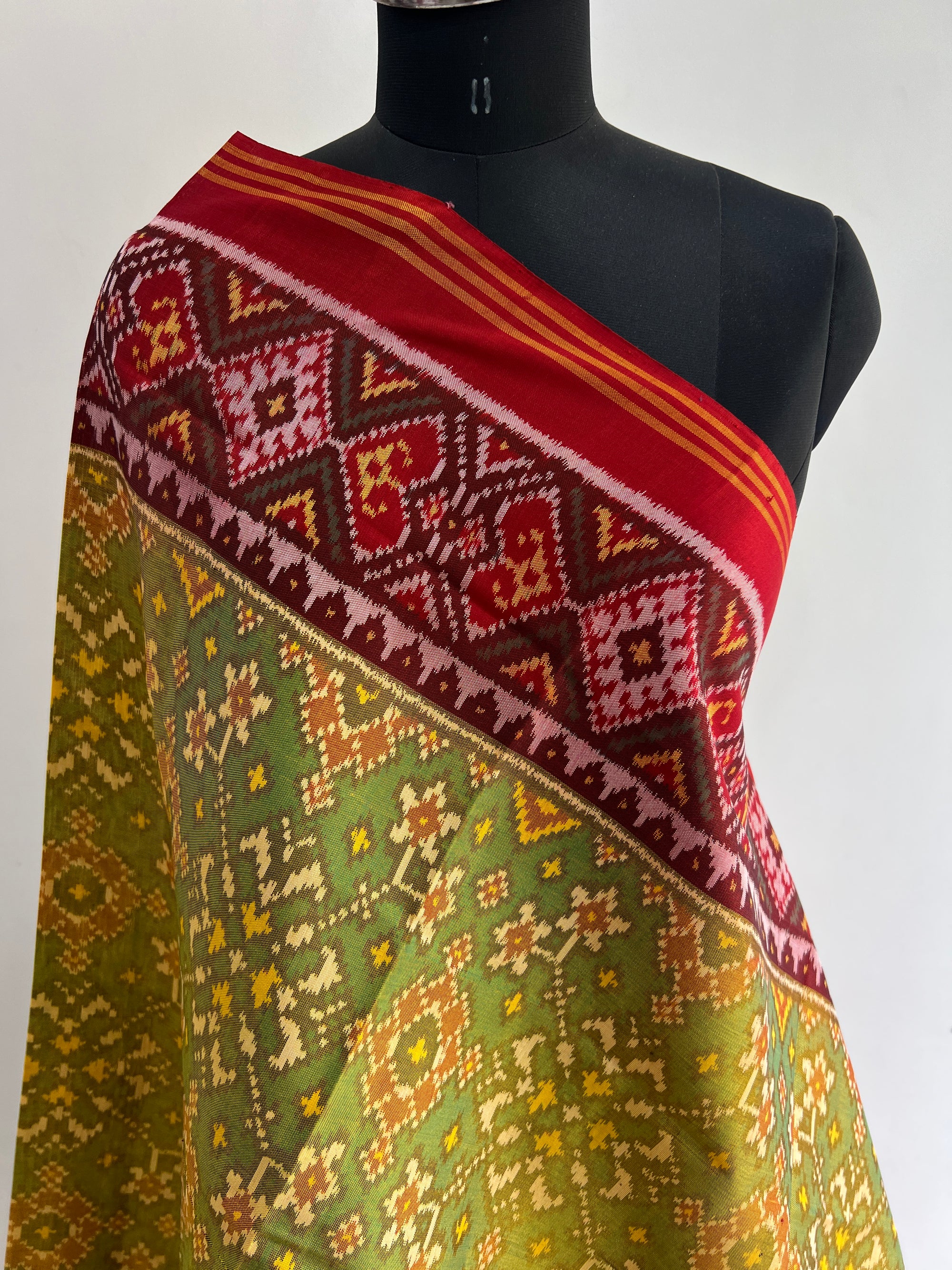 Musturd With Red Hand Woven Rajkot ikat Patola Dupatta