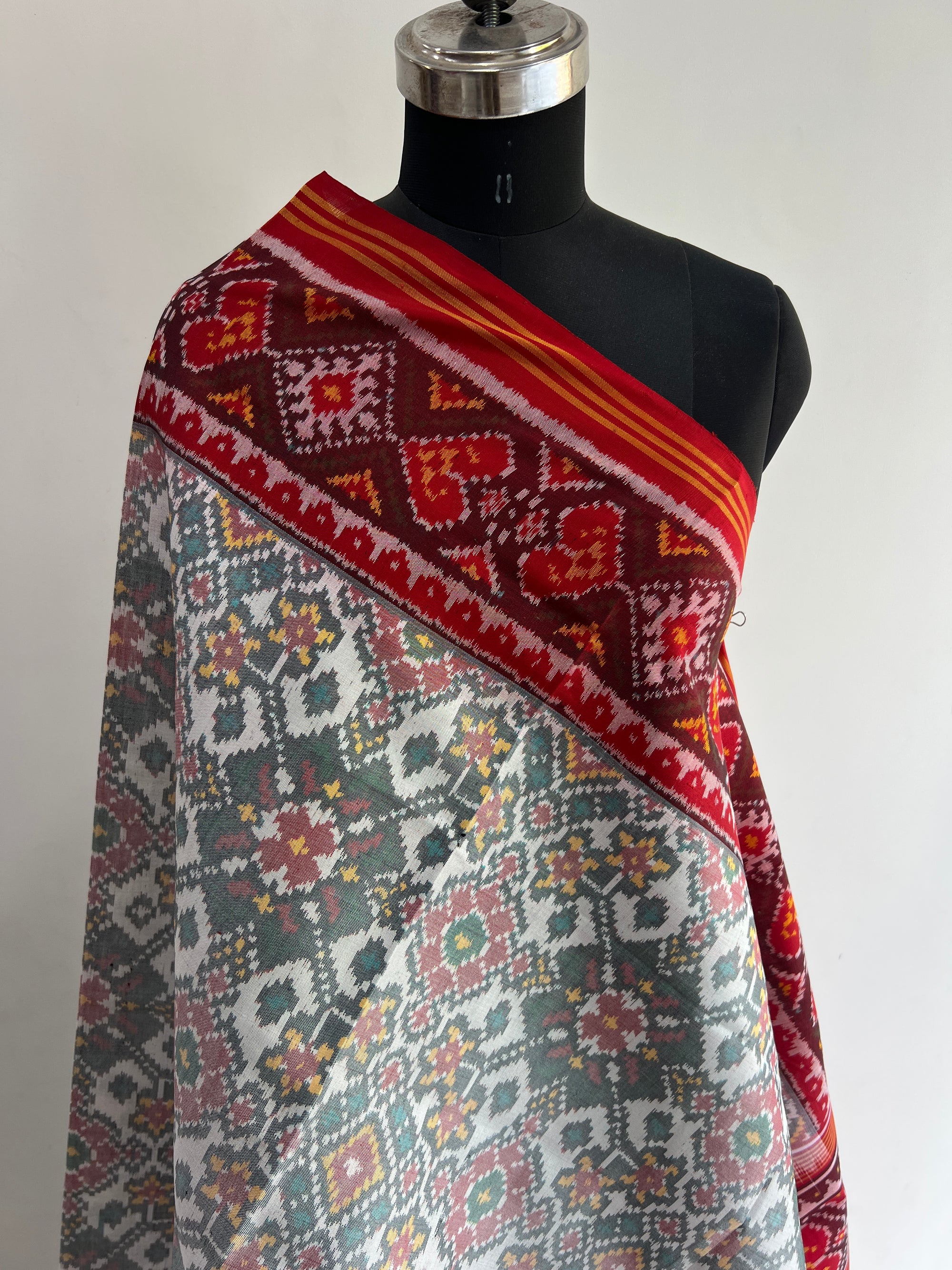 White With Red Hand Woven Rajkot ikat Patola Dupatta