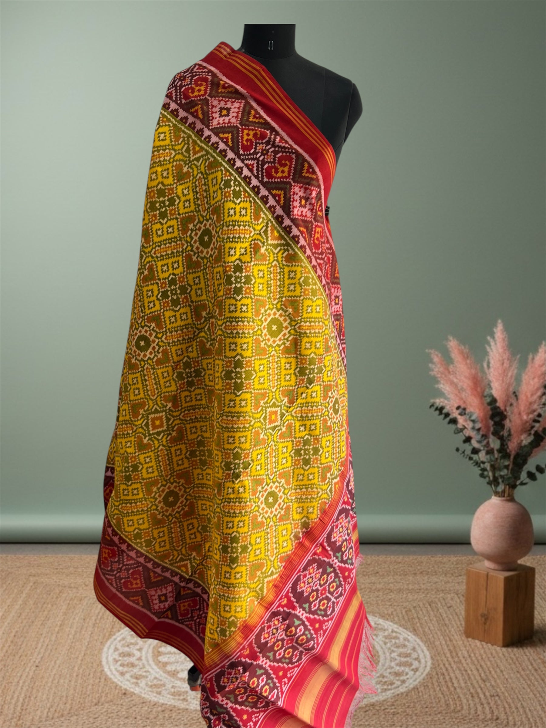 Yellow with Red Hand Woven Rajkot ikat Patola Dupatta