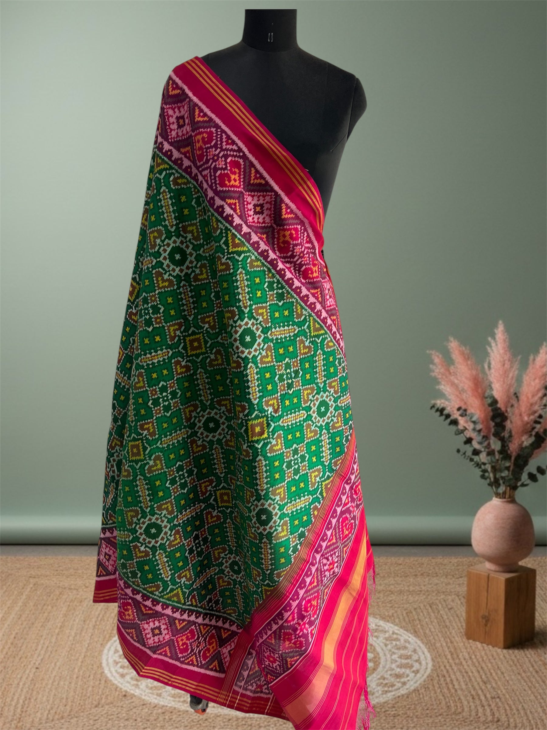 Green and Pink Hand Woven Rajkot ikat Patola Dupatta
