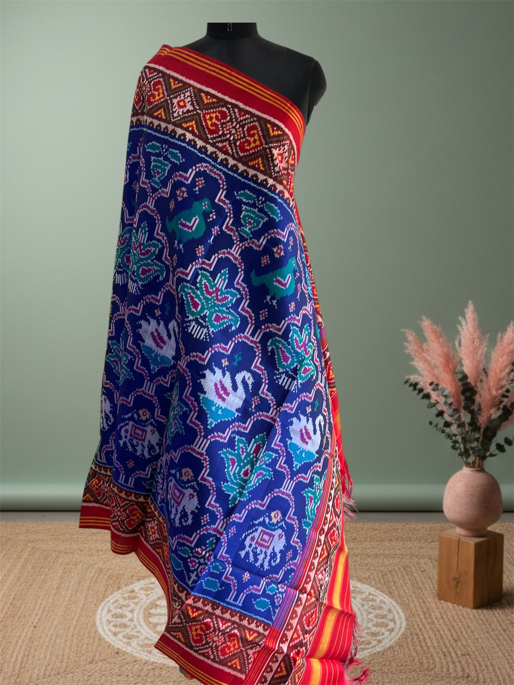 Blue And Red Hand Woven Rajkot ikat Patola Dupatta
