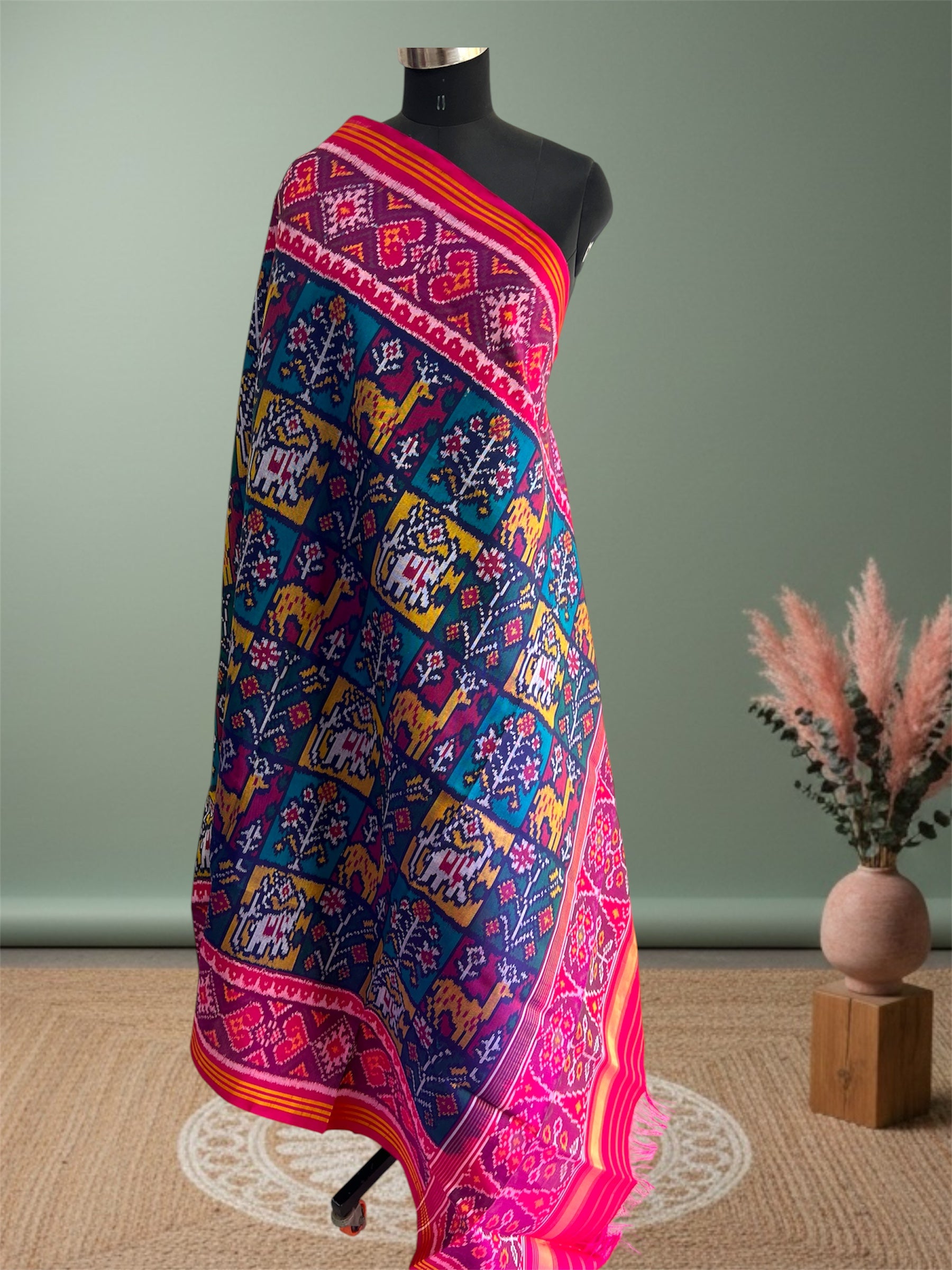 Multi With Pink Hand  Woven Rajkot ikat Patola Dupatta