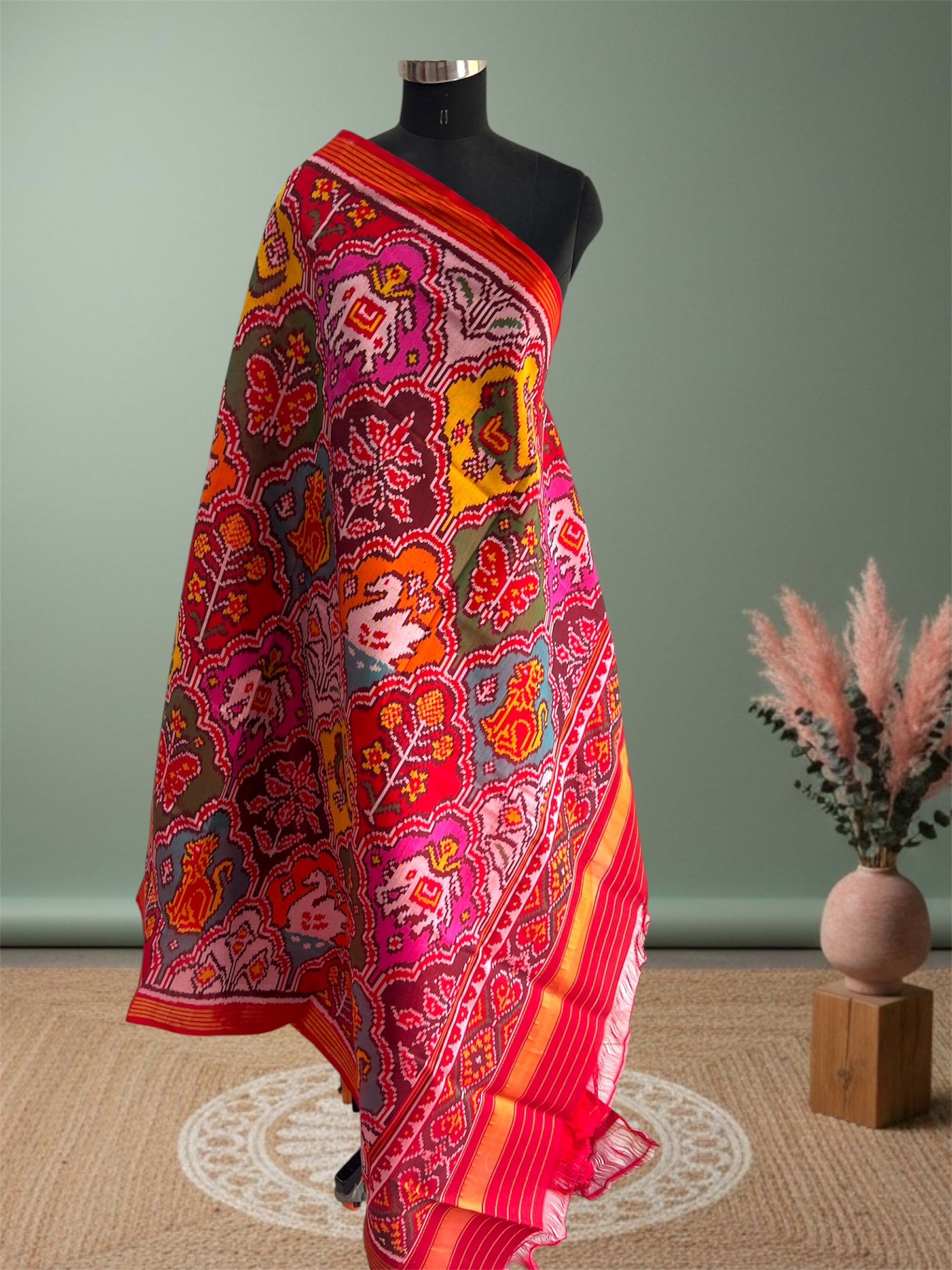 Multi With Red Hand Woven Rajkot ikat Patola Dupatta