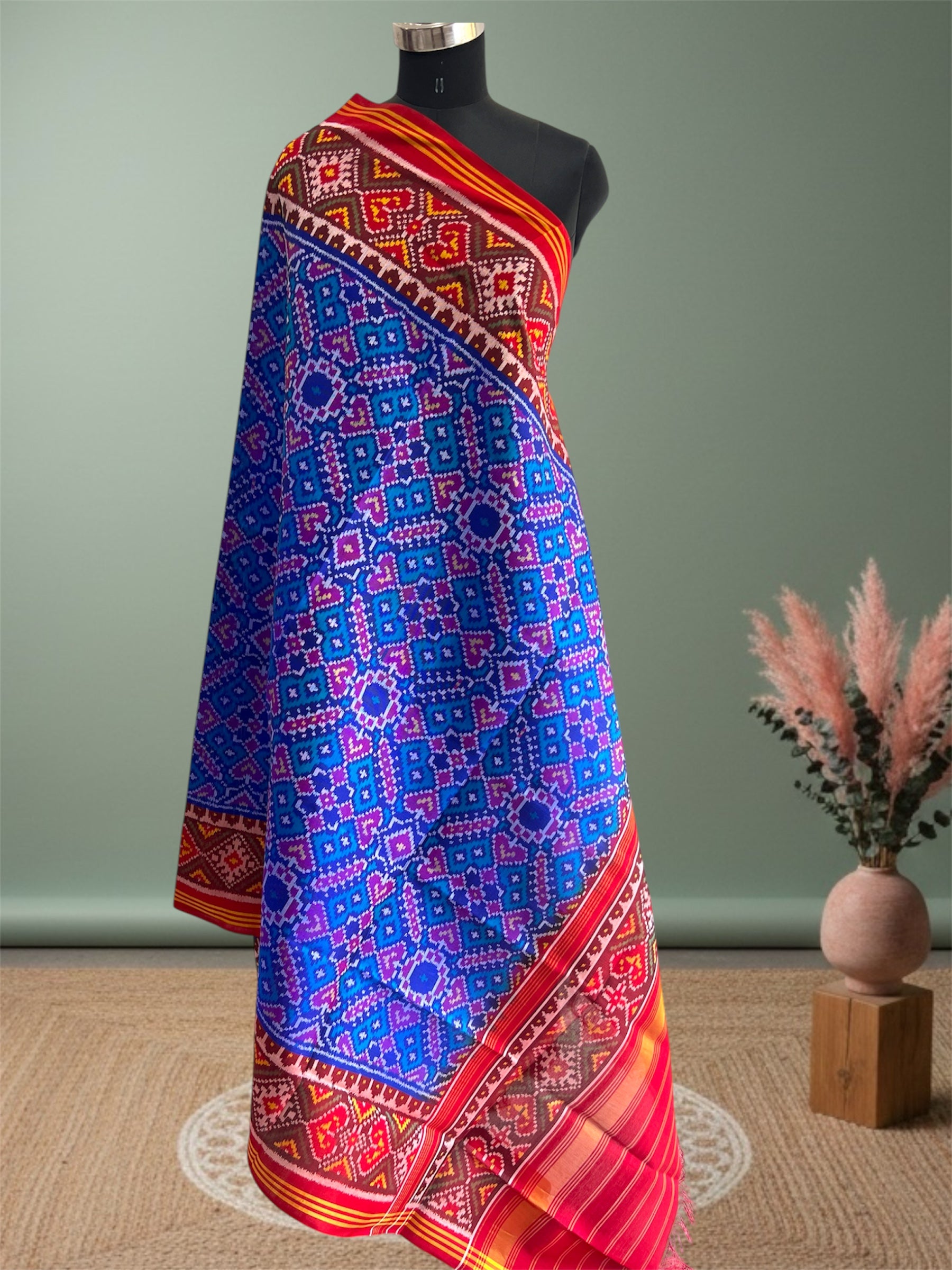 Sea Green With Red Woven Rajkot ikat Patola Dupatta