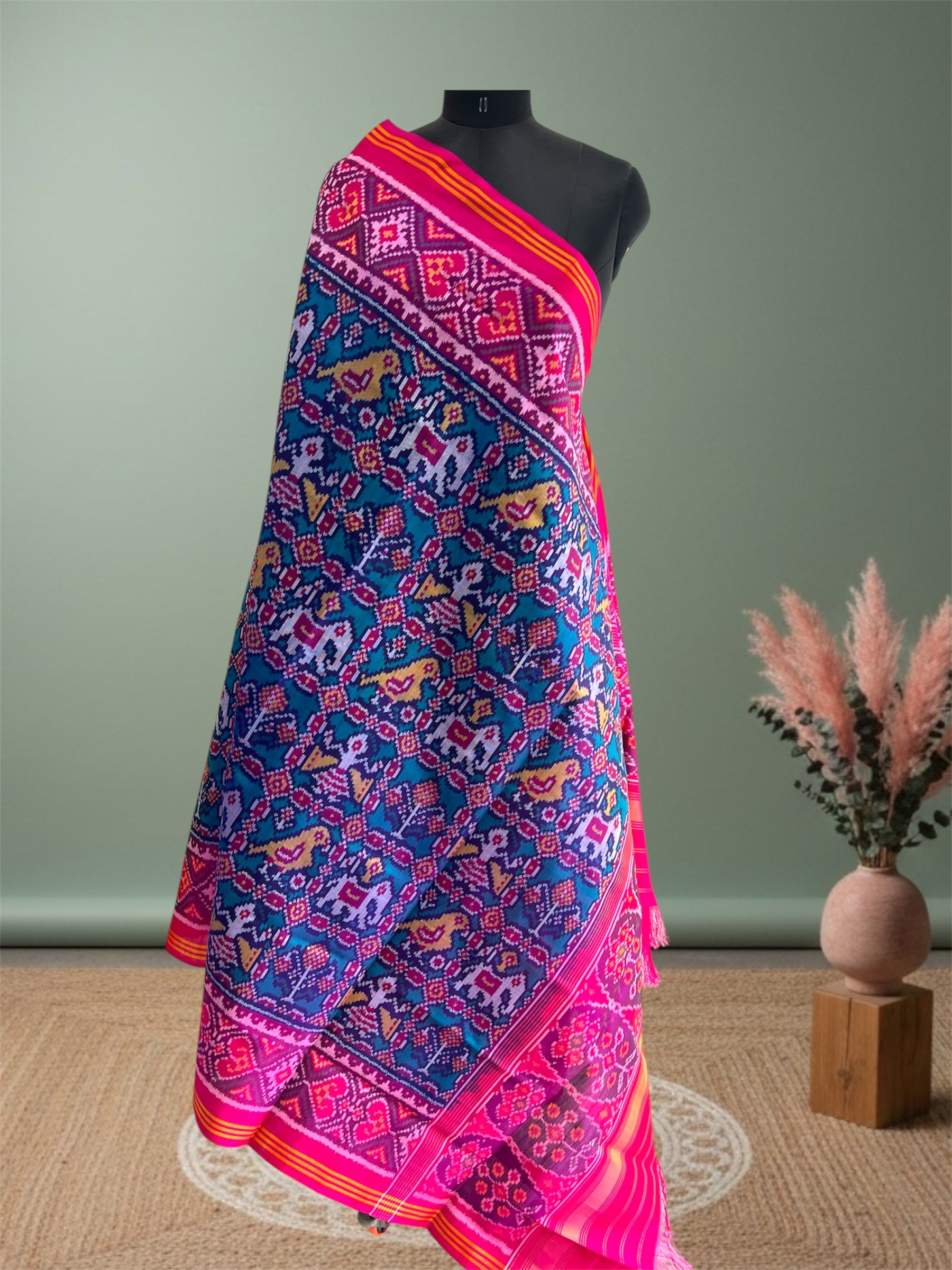 Sea Green With Pink Woven Rajkot ikat Patola Dupatta