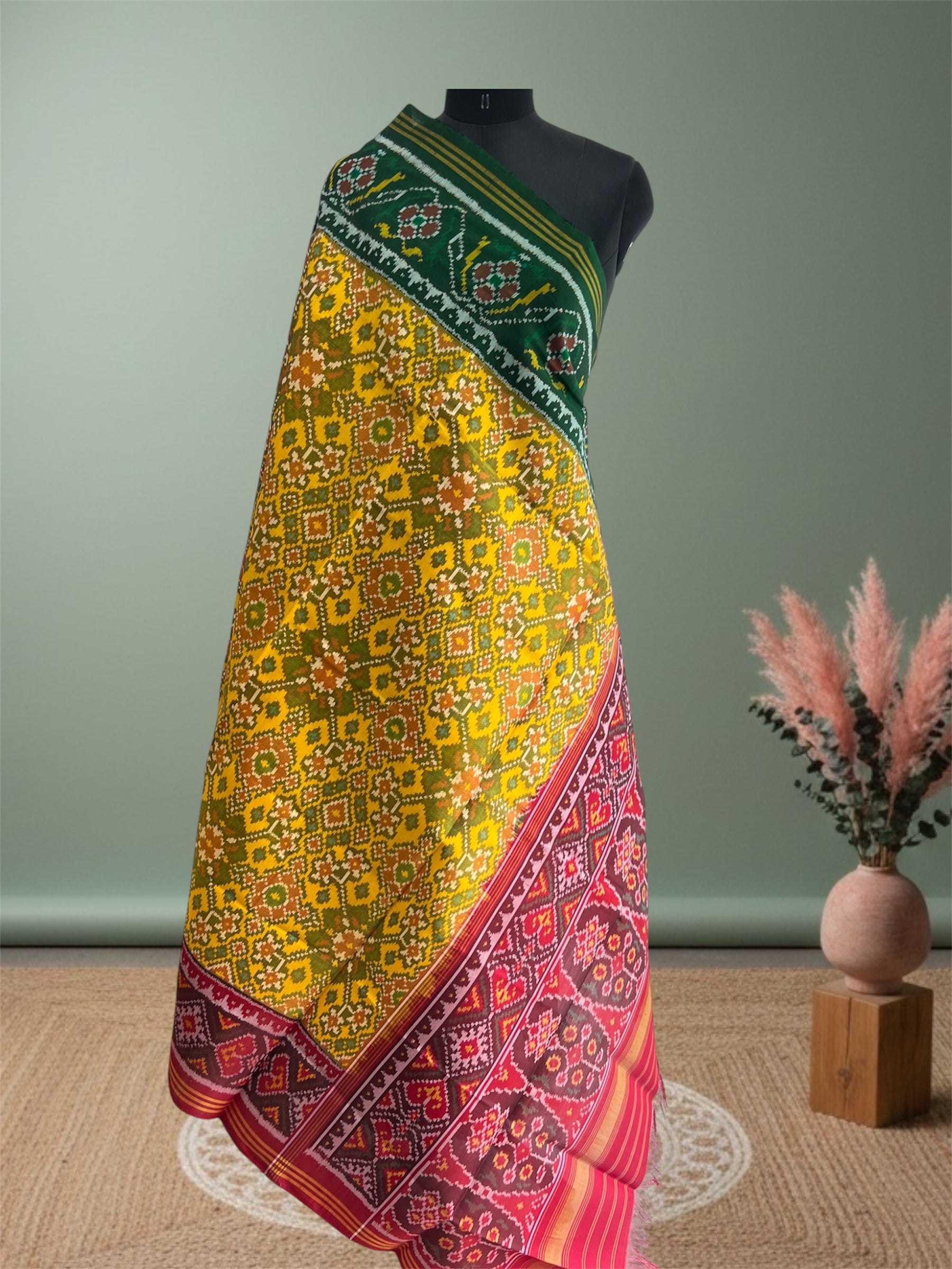 Yellow With Green & Red BorderHand Woven Rajkot ikat Patola Dupatta