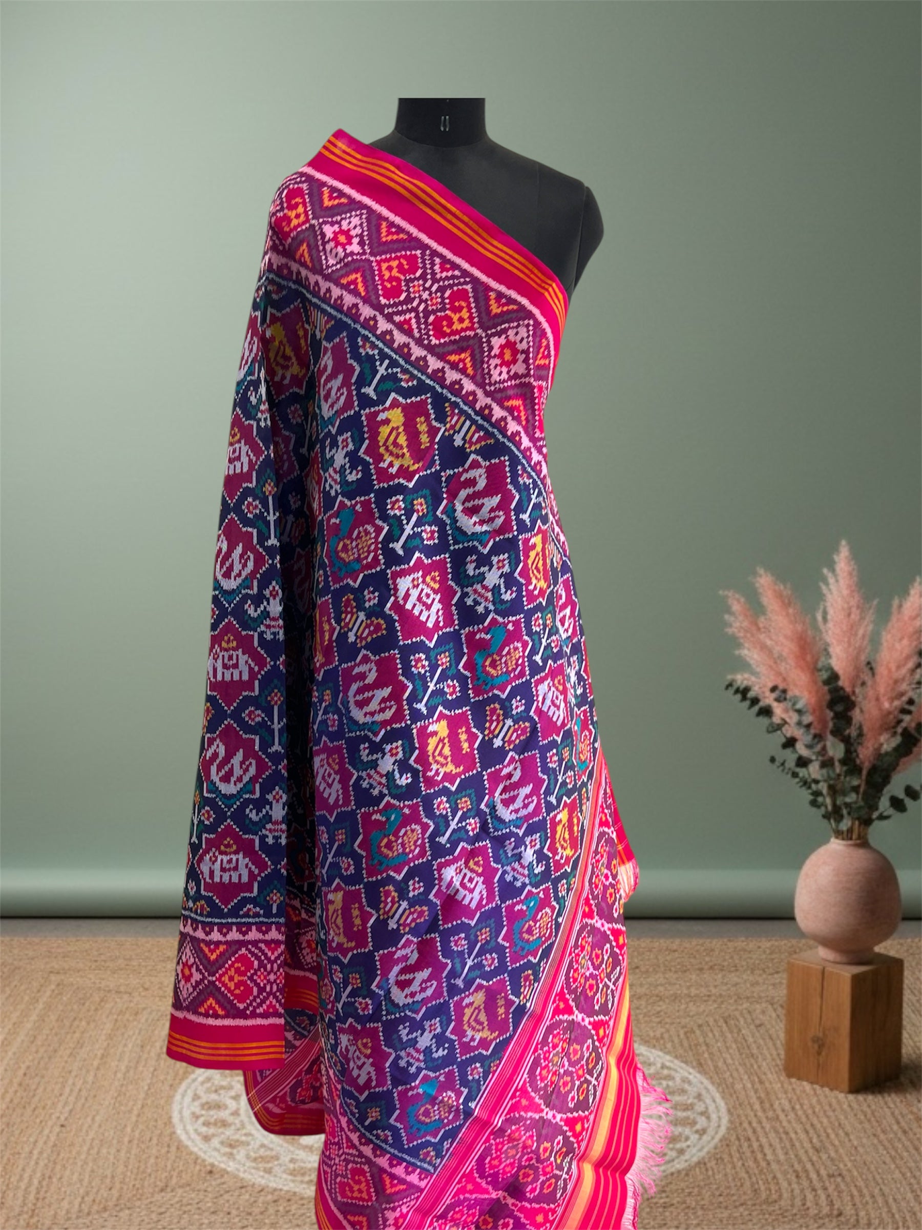 Blue And Pink Hand Woven Rajkot ikat Patola Dupatta