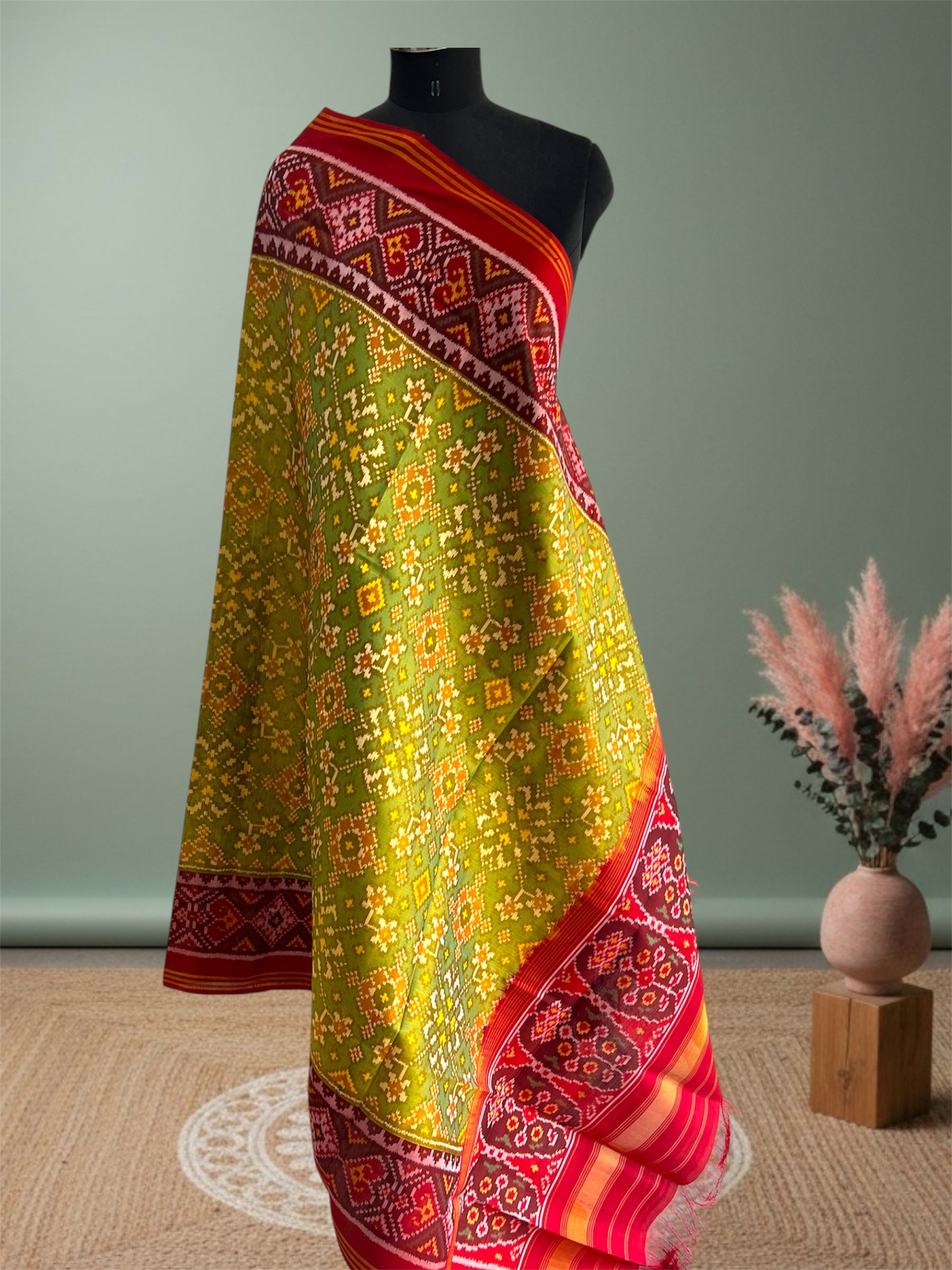 Musturd With Red Hand Woven Rajkot ikat Patola Dupatta