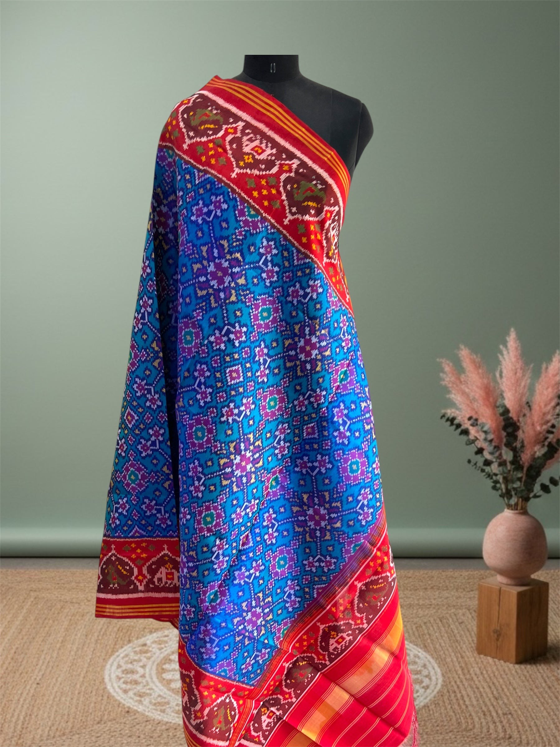 Sea Green With Red Hand Woven Rajkot ikat Patola Dupatta