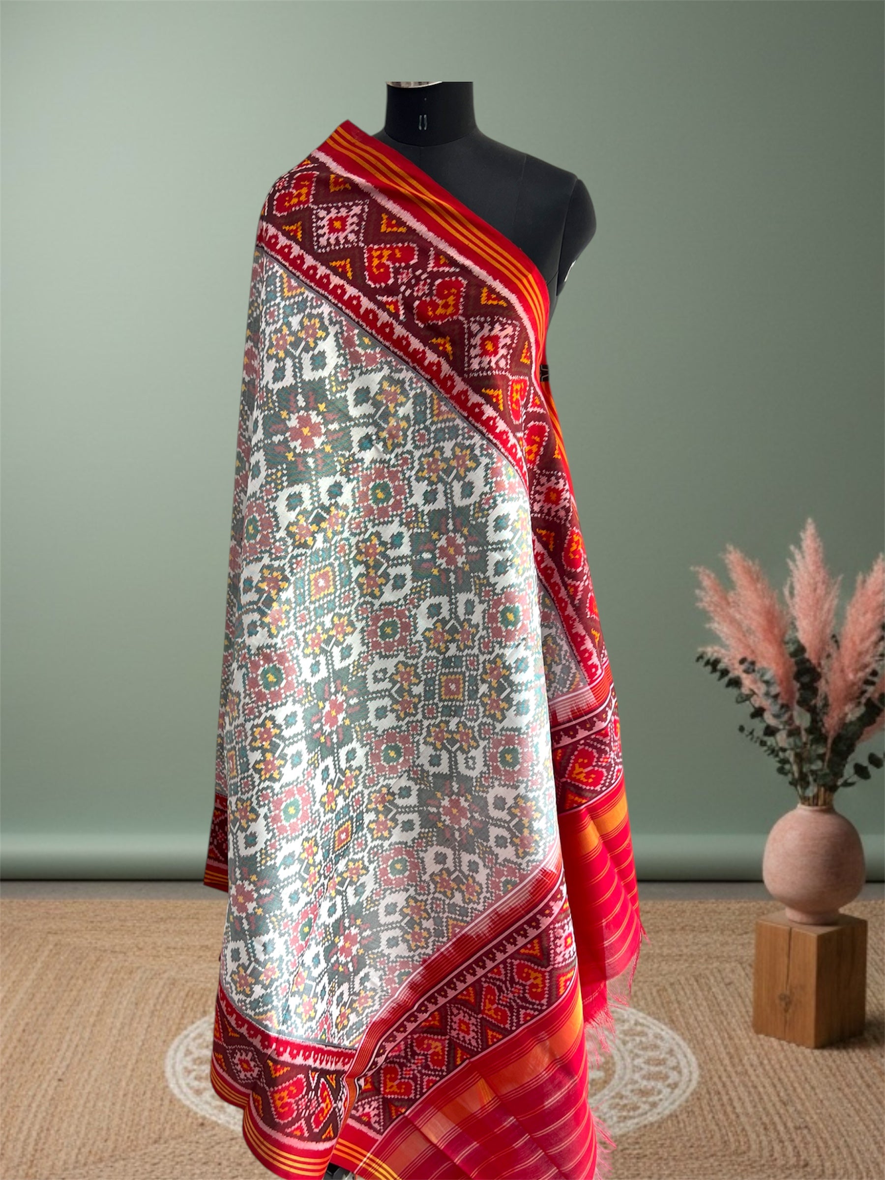 White With Red Hand Woven Rajkot ikat Patola Dupatta