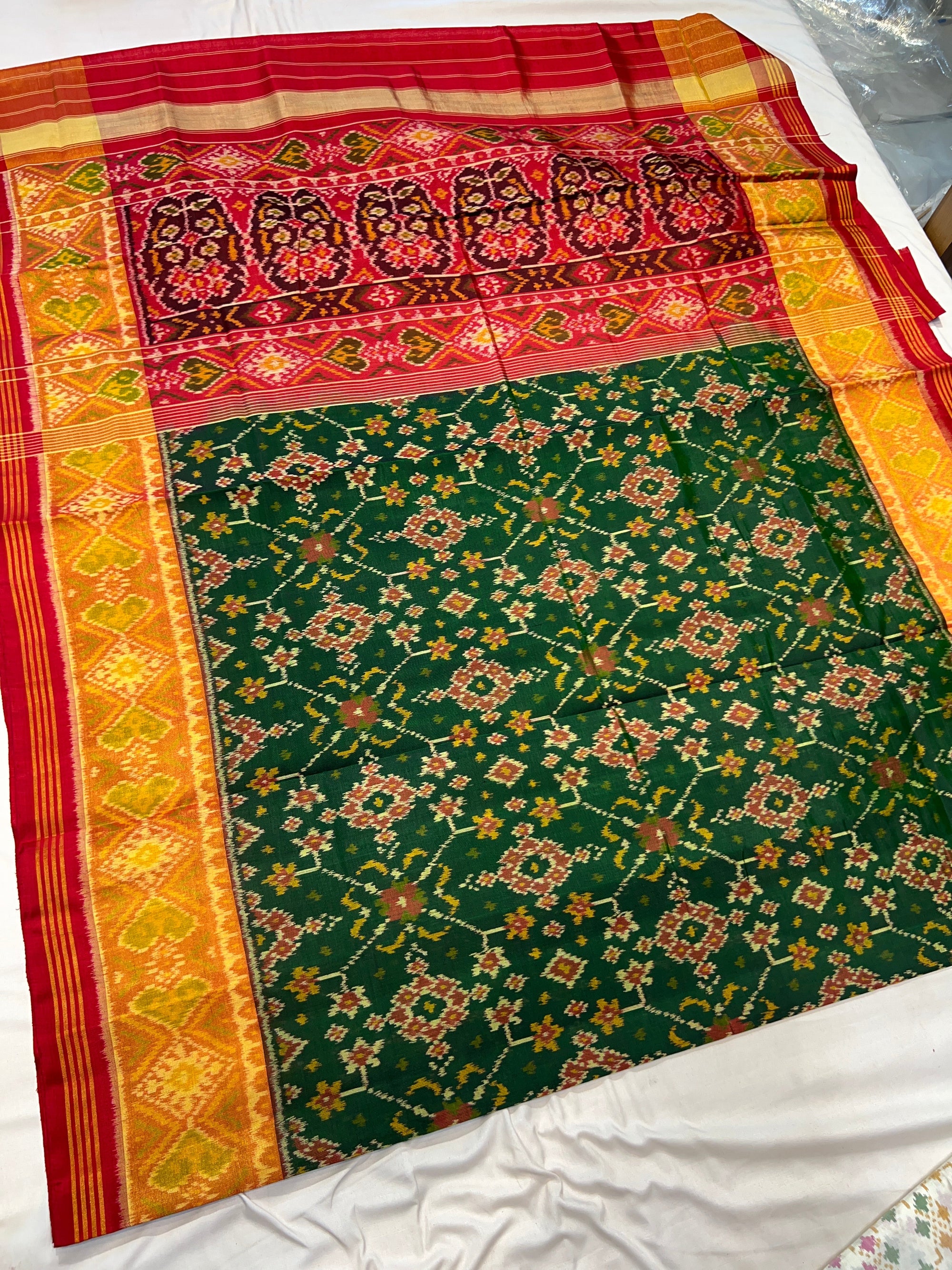 Handwoven Patola Silk Saree Green Navratna Design