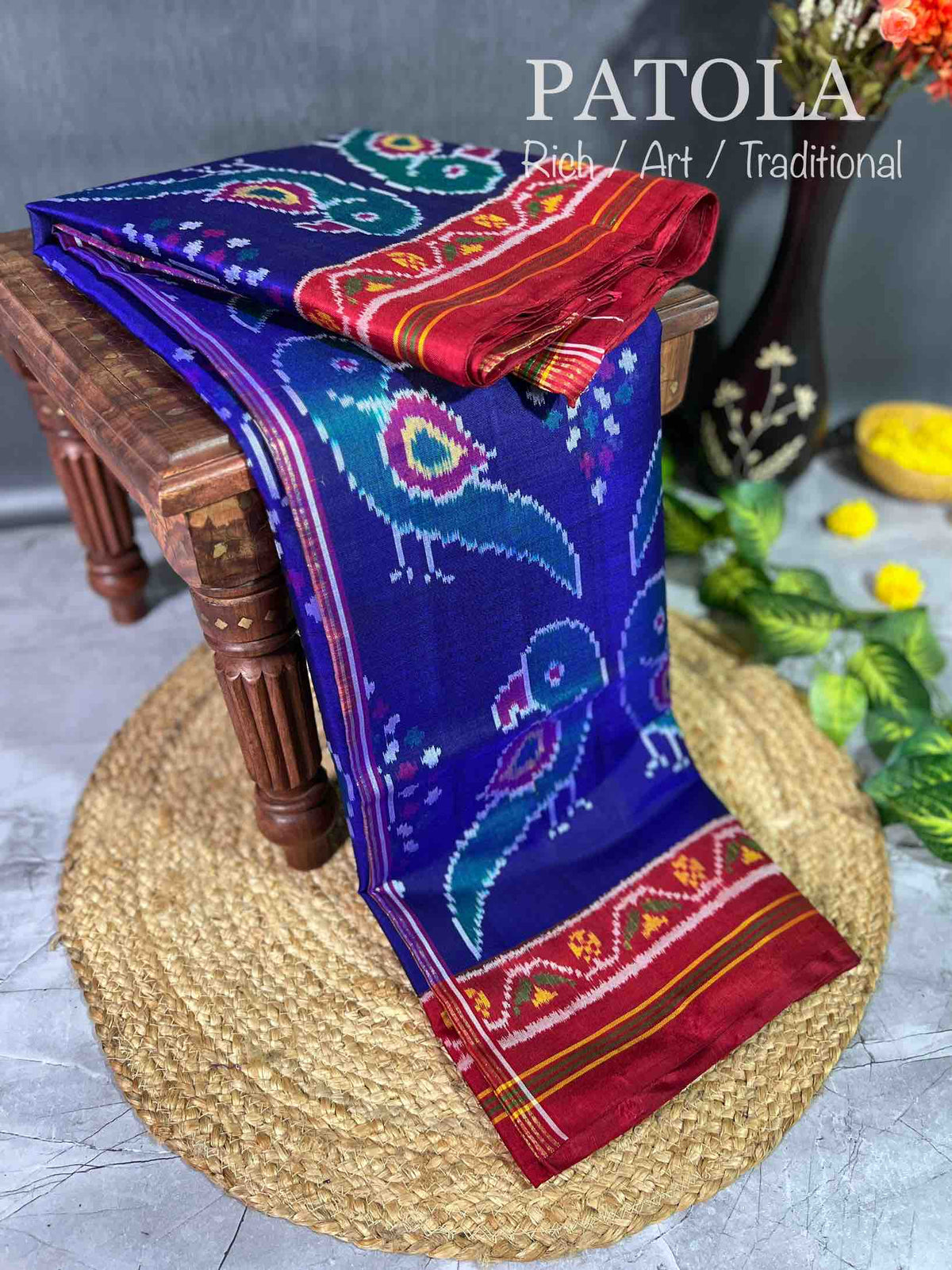 Blue & Red Parrot Design Hand Woven Rajkot Ikat Patola Silk Saree