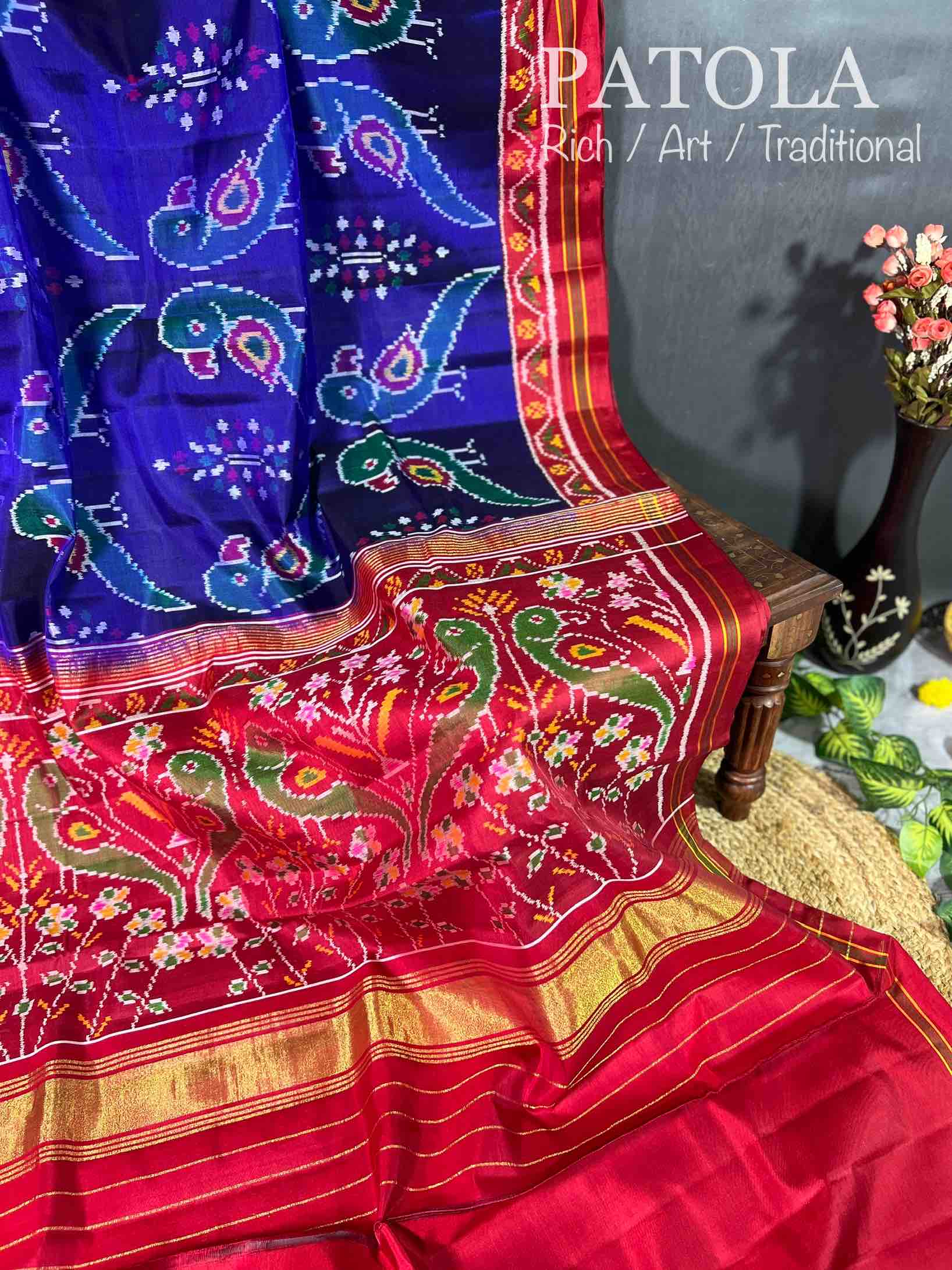 Blue & Red Parrot Design Hand Woven Rajkot Ikat Patola Silk Saree