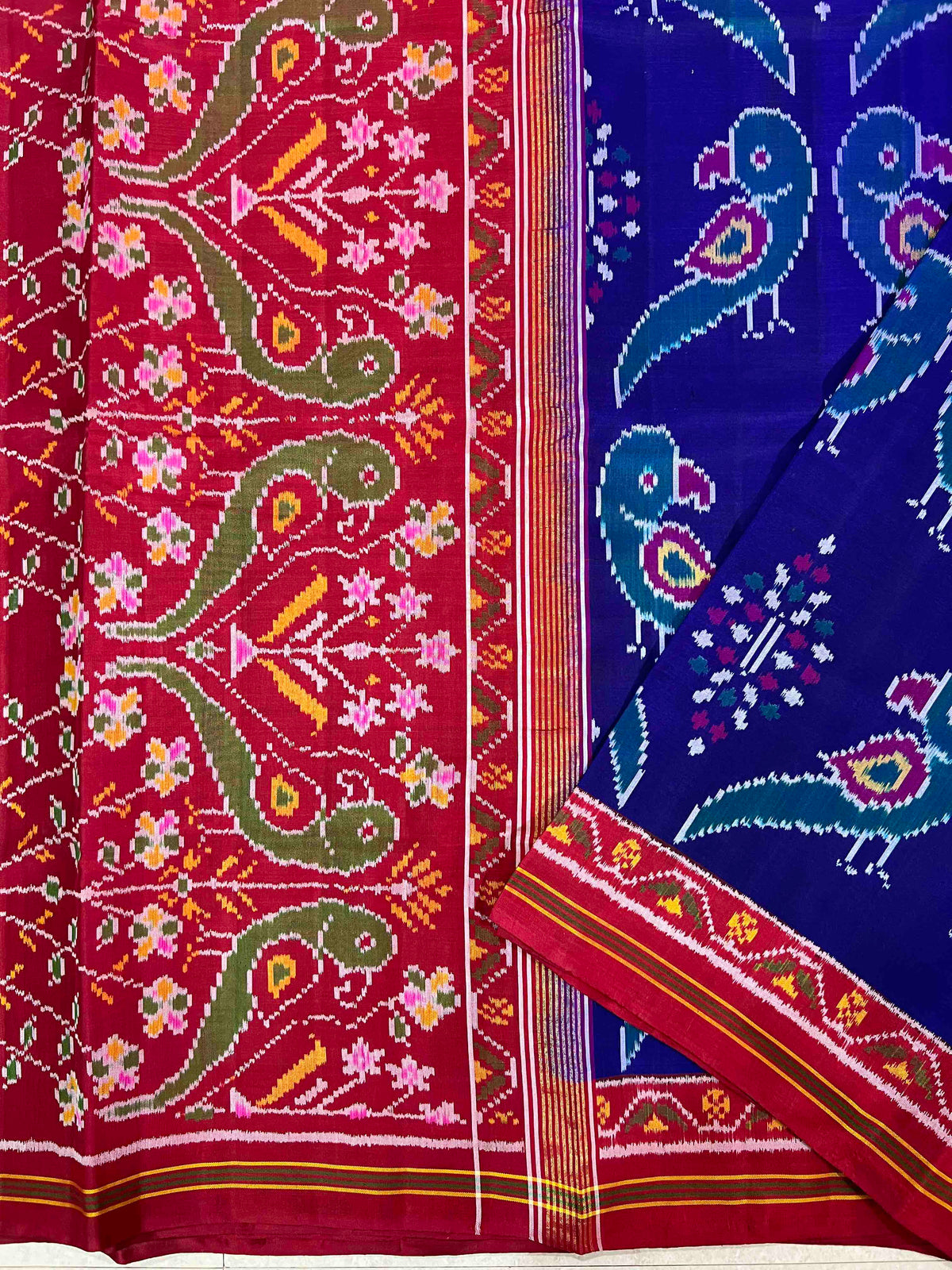 Blue & Red Parrot Design Hand Woven Rajkot Ikat Patola Silk Saree