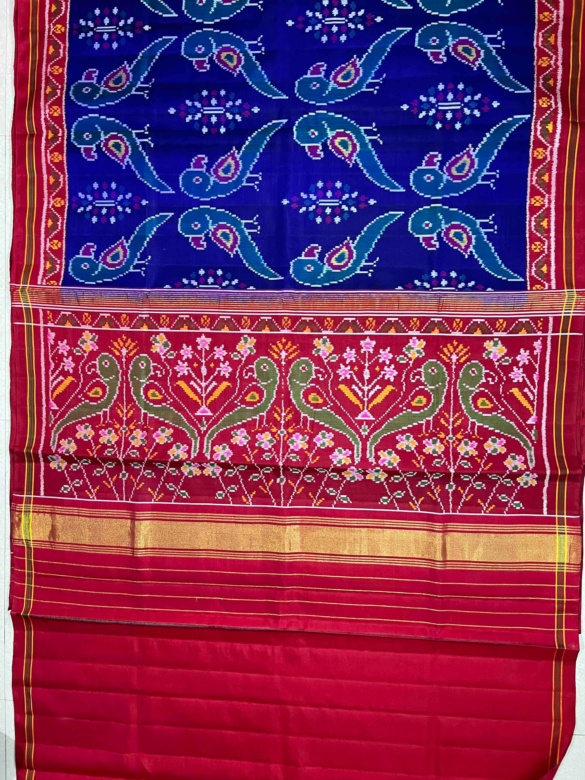 Blue & Red Parrot Design Hand Woven Rajkot Ikat Patola Silk Saree