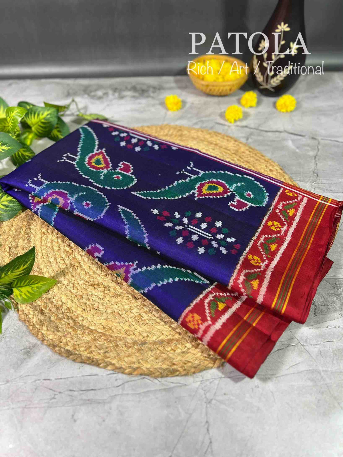 Blue & Red Parrot Design Hand Woven Rajkot Ikat Patola Silk Saree