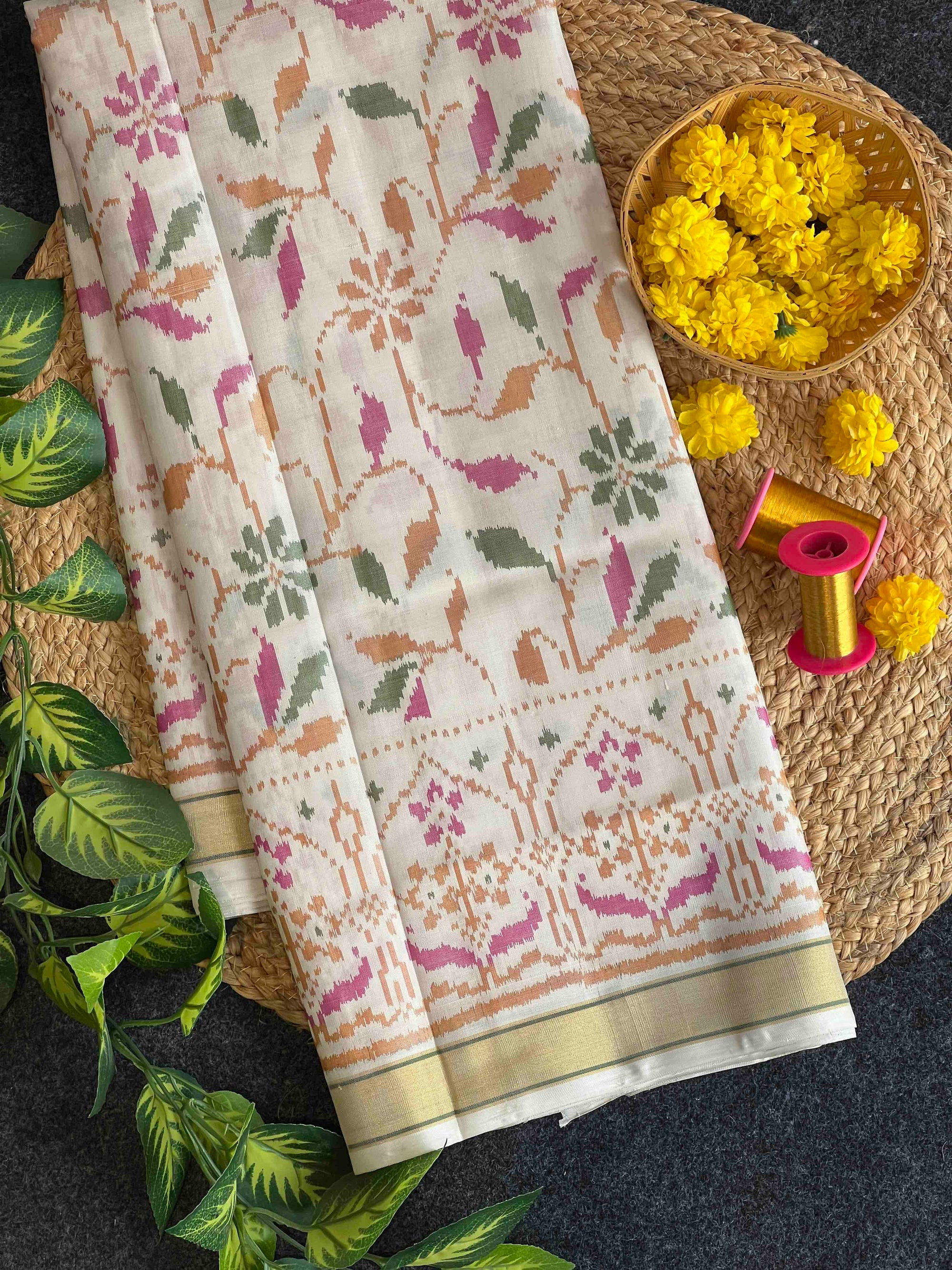 Handwoven Patola Silk Saree Fancy Off. White