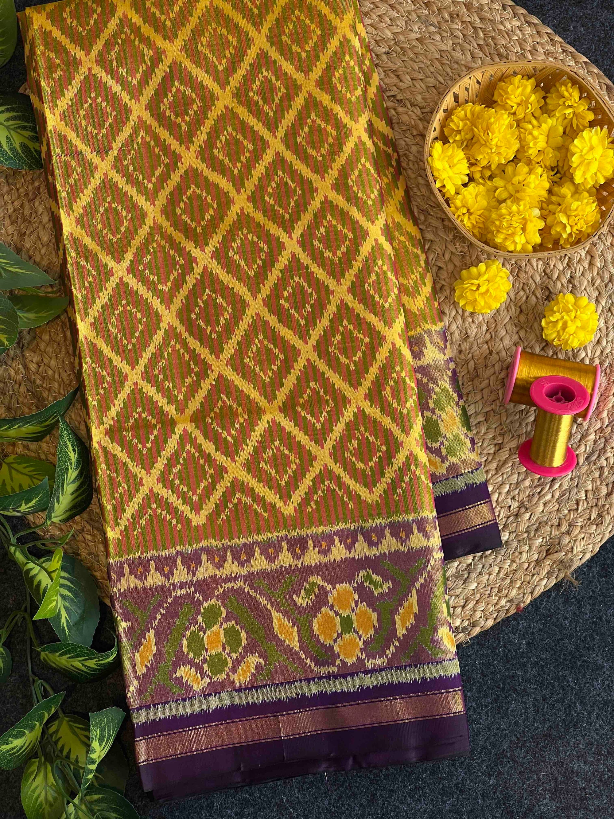Yellow with Jambli Square Line Design Hand Woven Rajkot  Patola Silk Saree